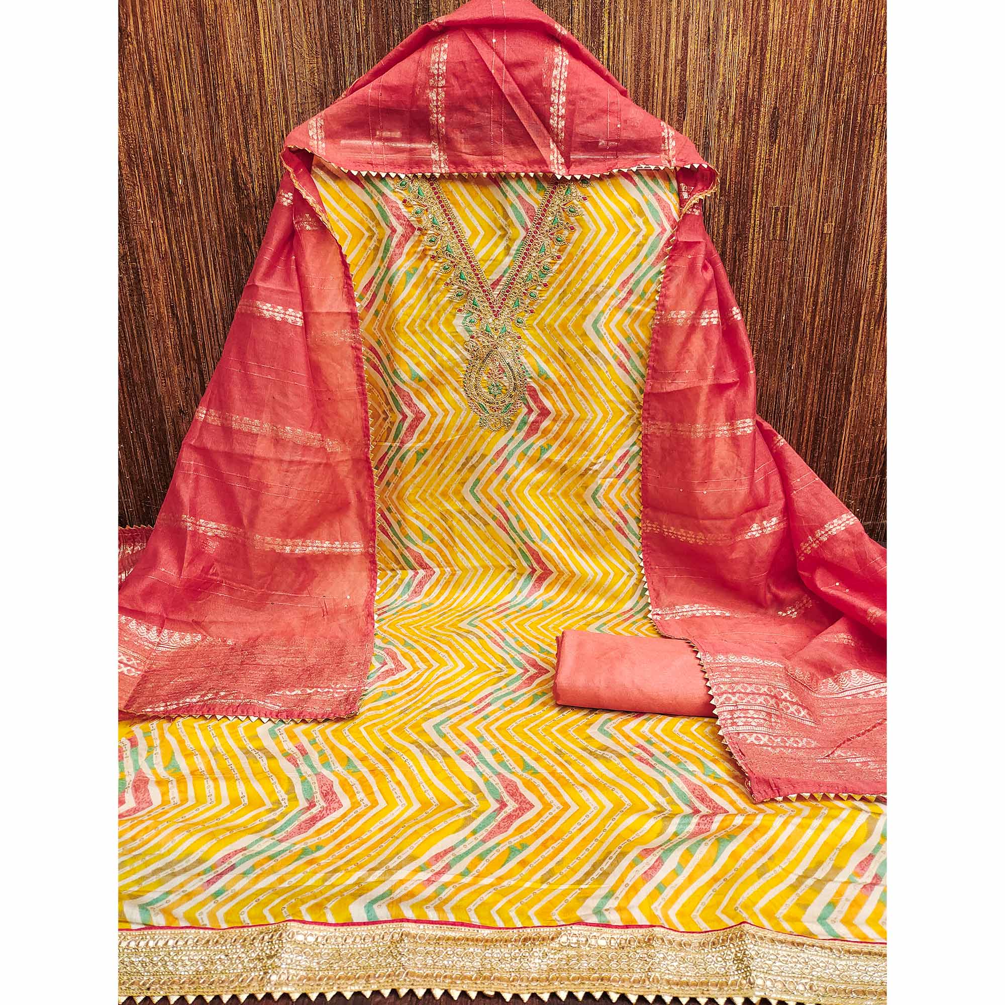 Yellow Zig Zag Printed With Sequins & Cording Embroidery Chanderi Silk Dress Material