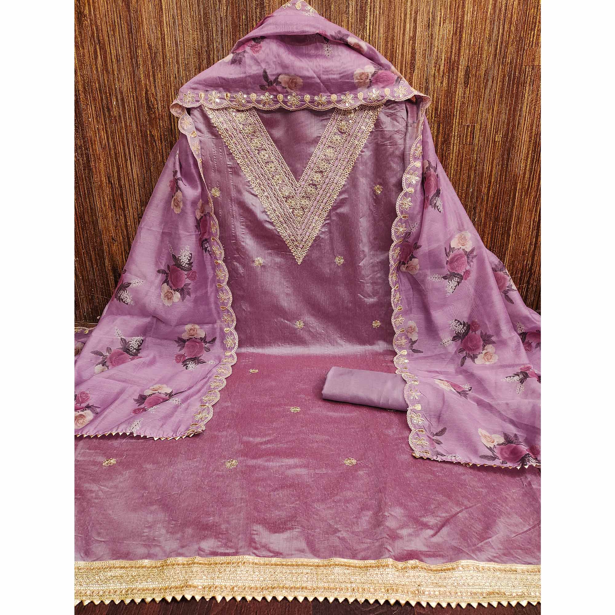 Lilac Purple Floral Cording Embroidery With Sequins Work Chanderi Silk Dress Material
