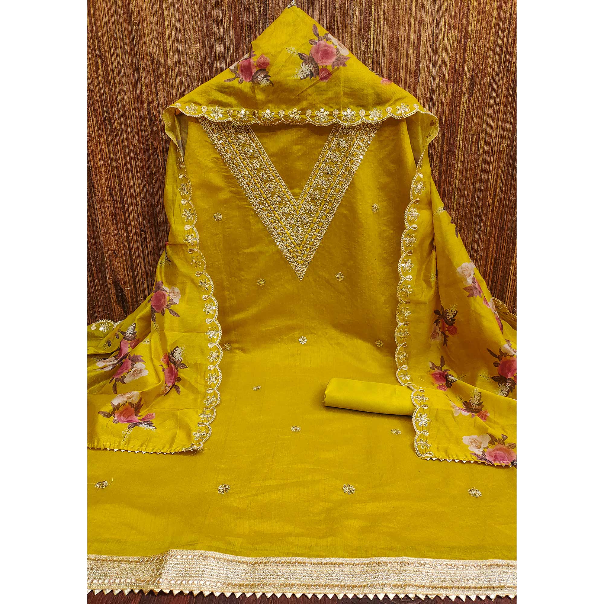 Mustard Floral Cording Embroidery With Sequins Work Chanderi Silk Dress Material