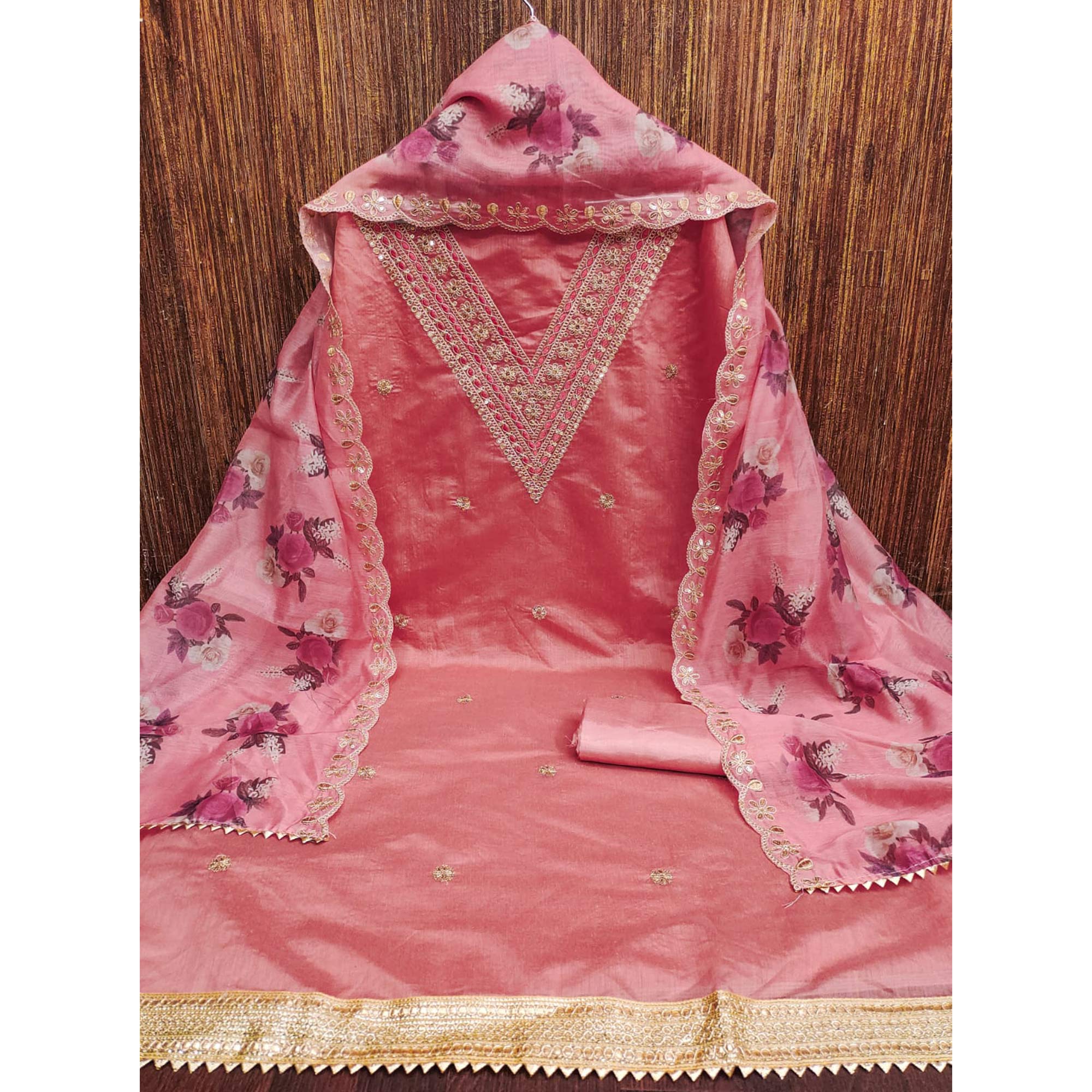 Peach Floral Cording Embroidery With Sequins Work Chanderi Silk Dress Material