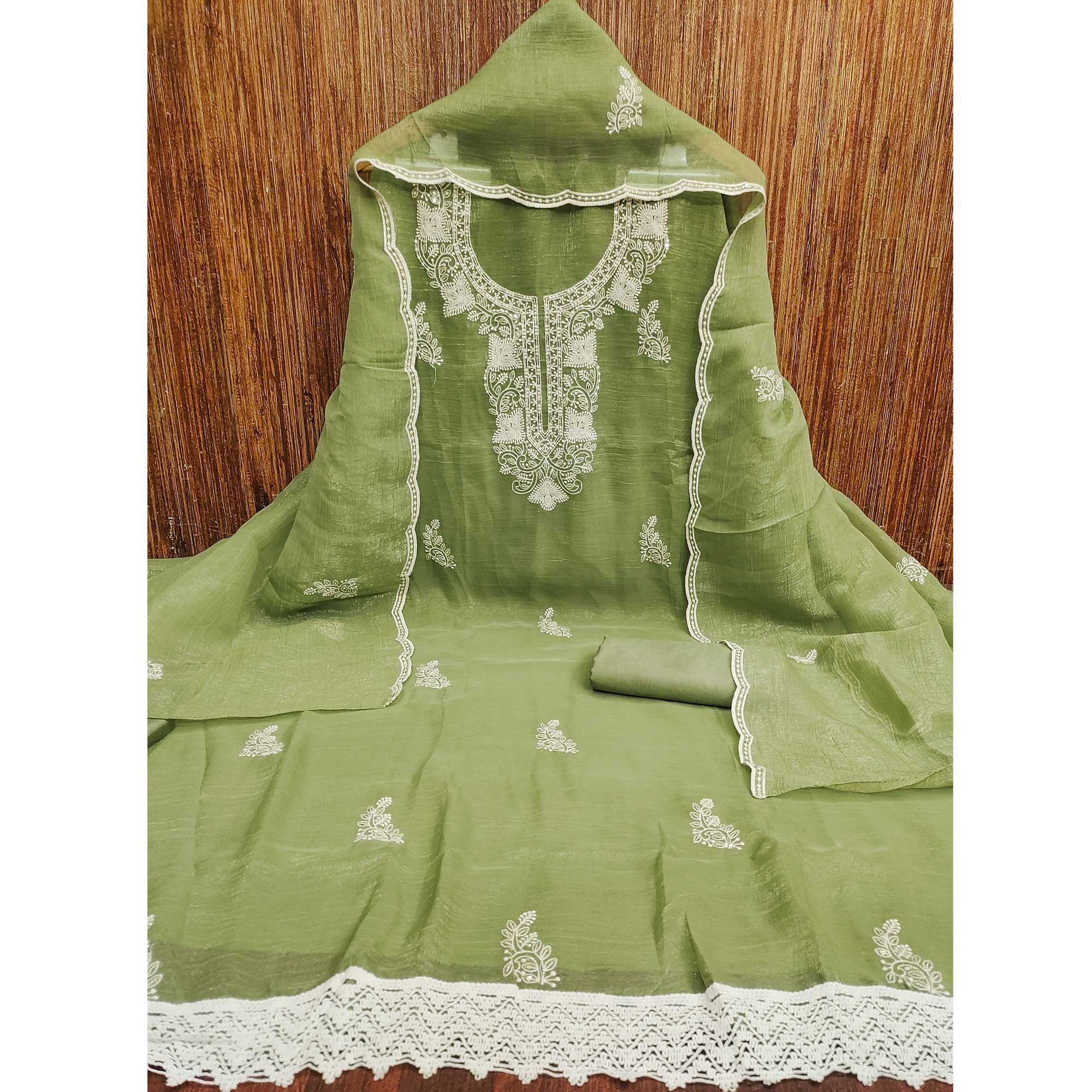 Green Georgette Crunchy Silk Dress Material with Elegant Floral Thread Embroidery & Sequins Work