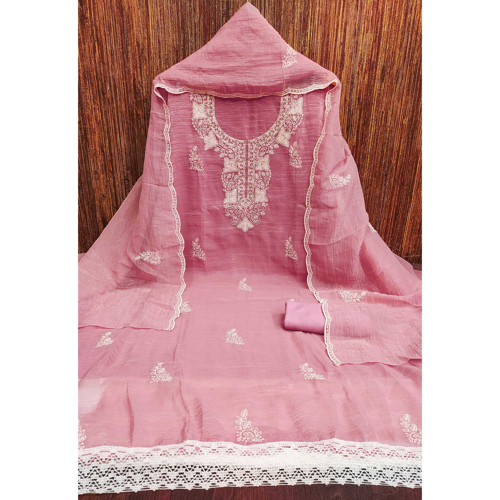 Pink Georgette Crunchy Silk Dress Material with Elegant Floral Thread Embroidery & Sequins Work