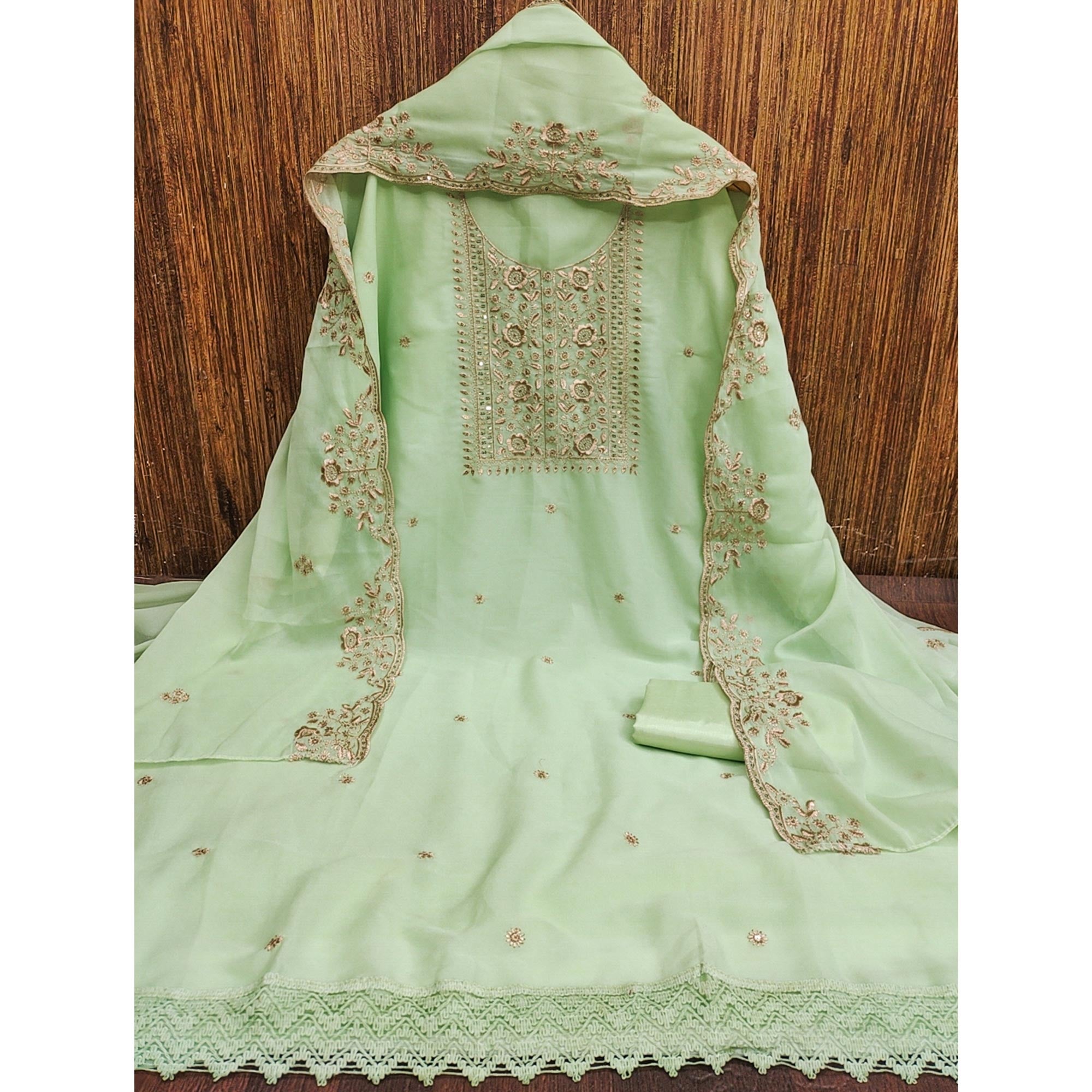 Green Georgette Dress Material With Intricate Floral Zari Embroidery & Sequins Work