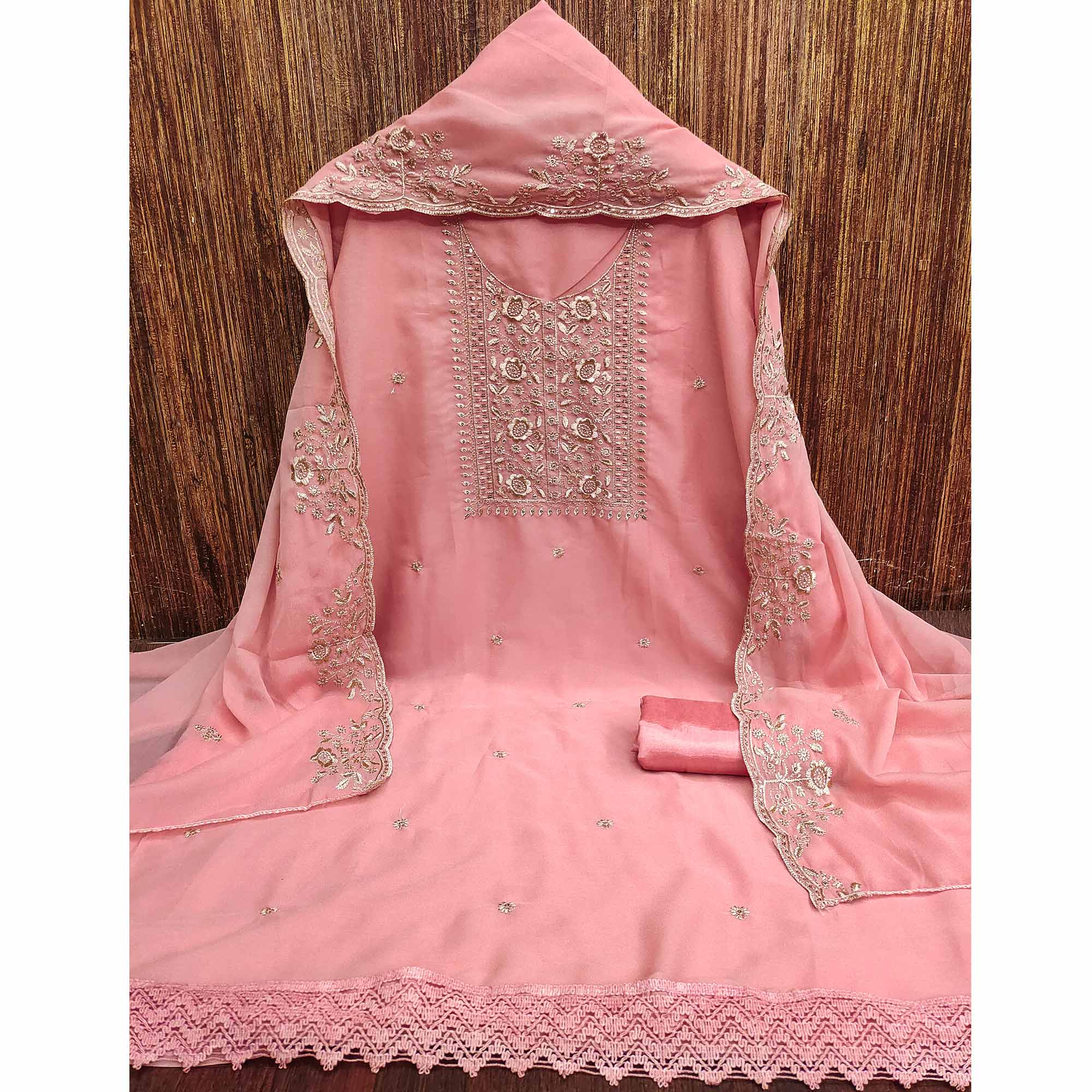 Peach Georgette Dress Material With Intricate Floral Zari Embroidery & Sequins Work