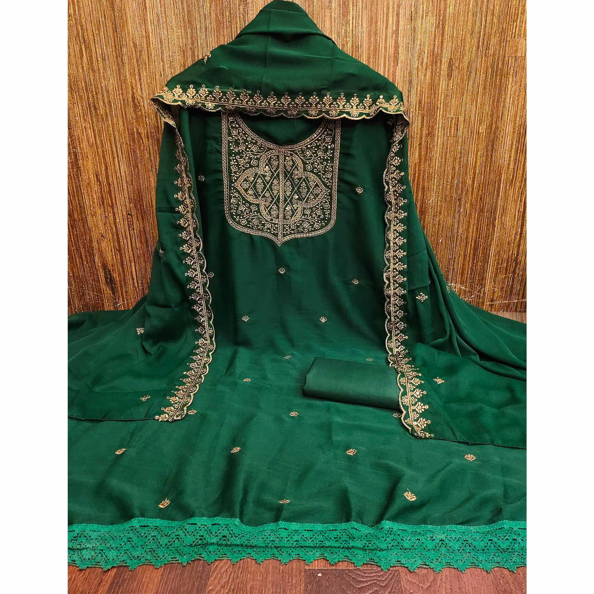 Green Georgette Dress Material With Sparkling Sequins & Zari Floral Embroidery