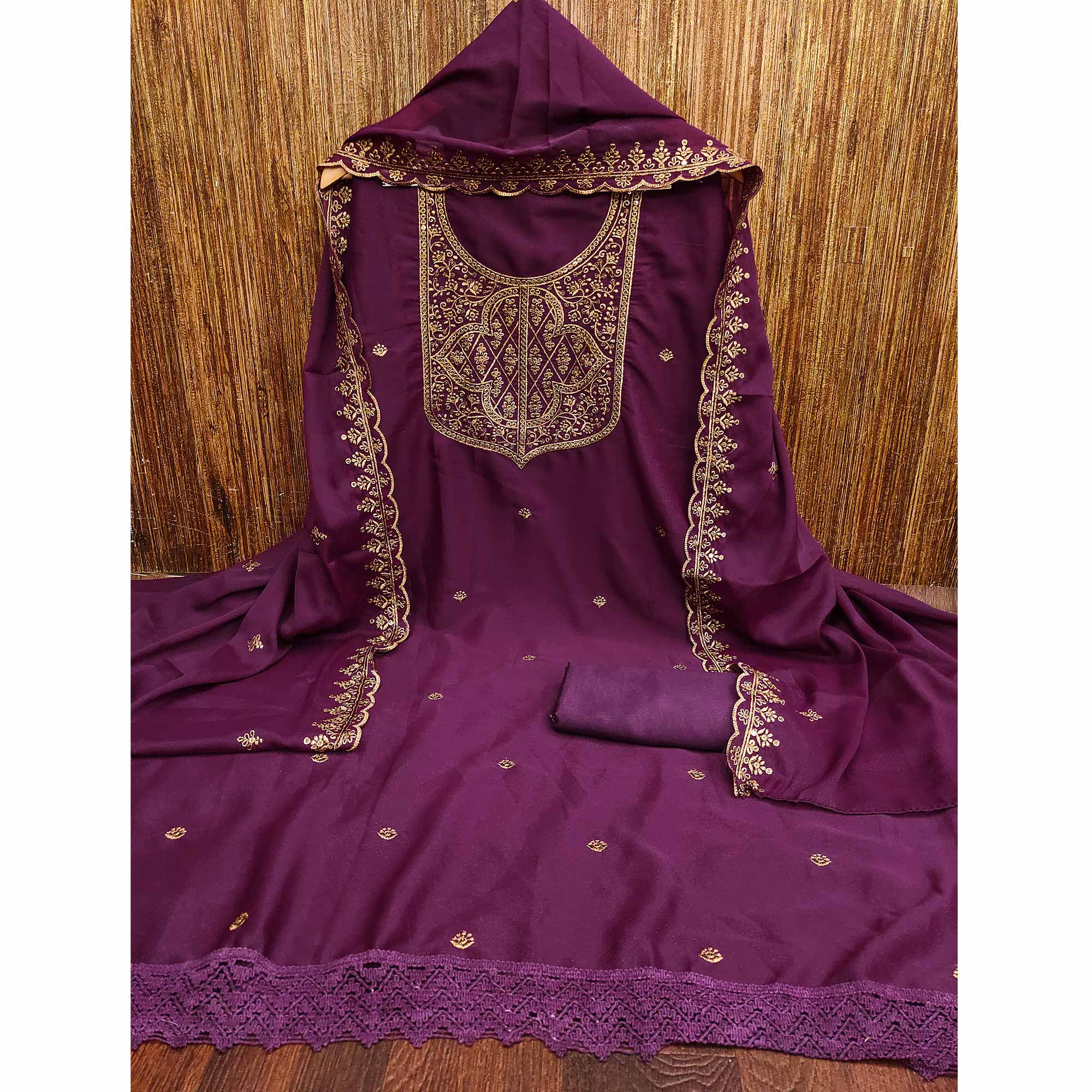 Wine Georgette Dress Material With Sparkling Sequins & Zari Floral Embroidery