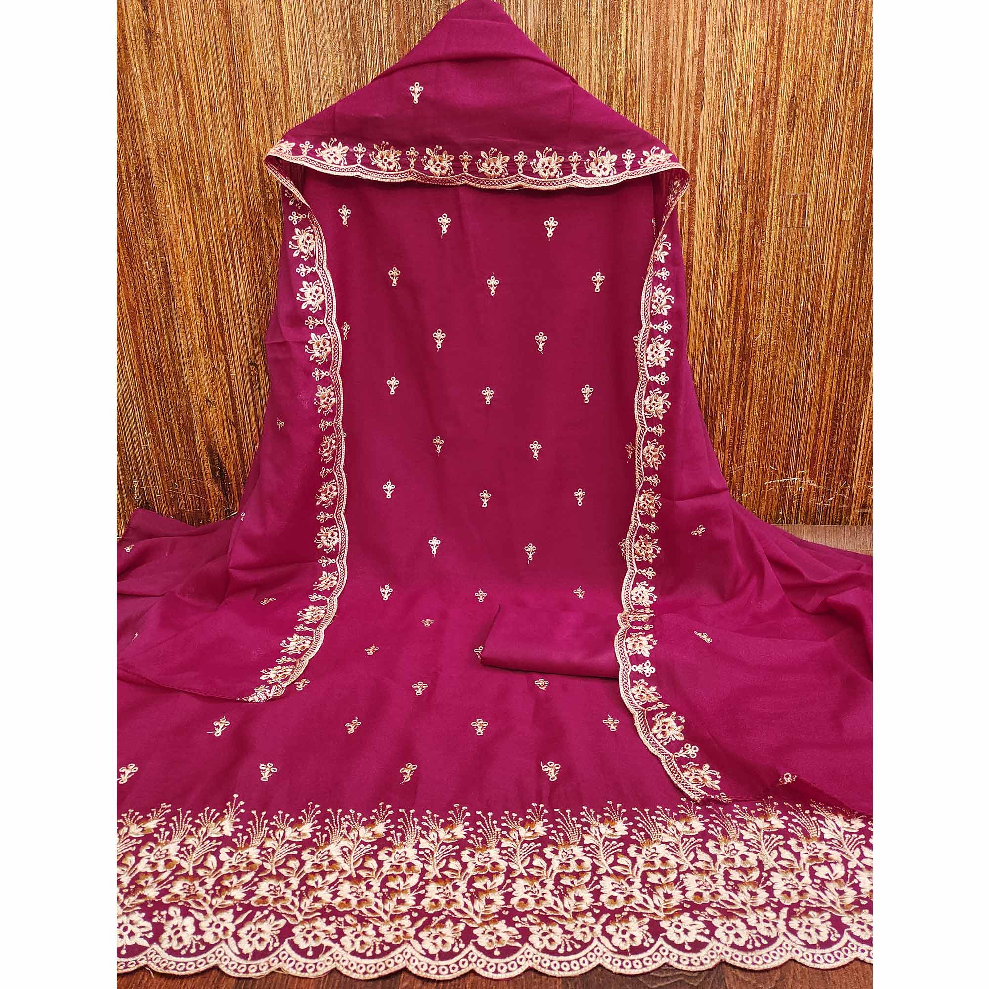 Rani Pink Georgette Dress Material With Delicate Floral Zari Embroidery