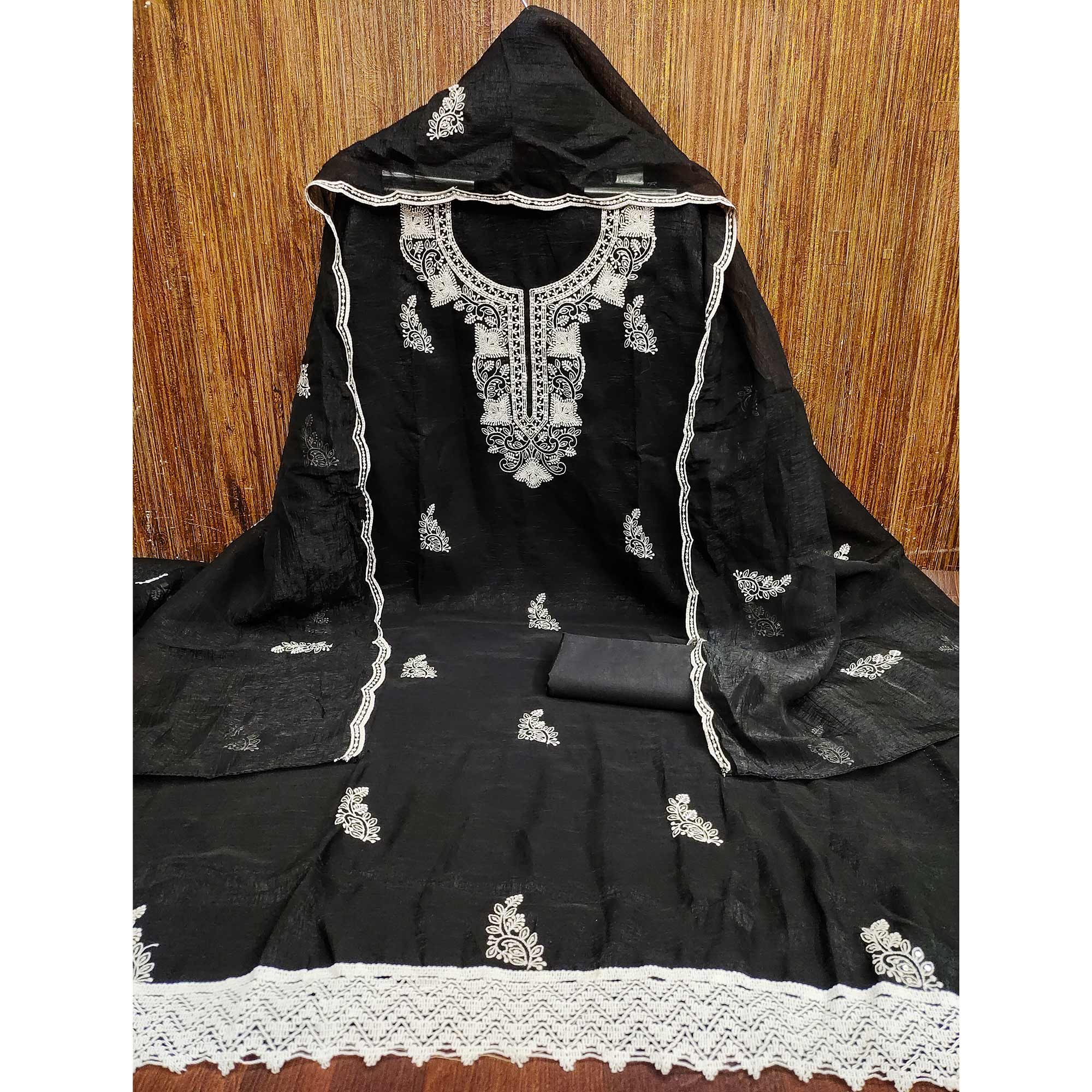 Black Dress Material With Threaded Floral Embroidery & Sequins on Crunchy Silk Georgette