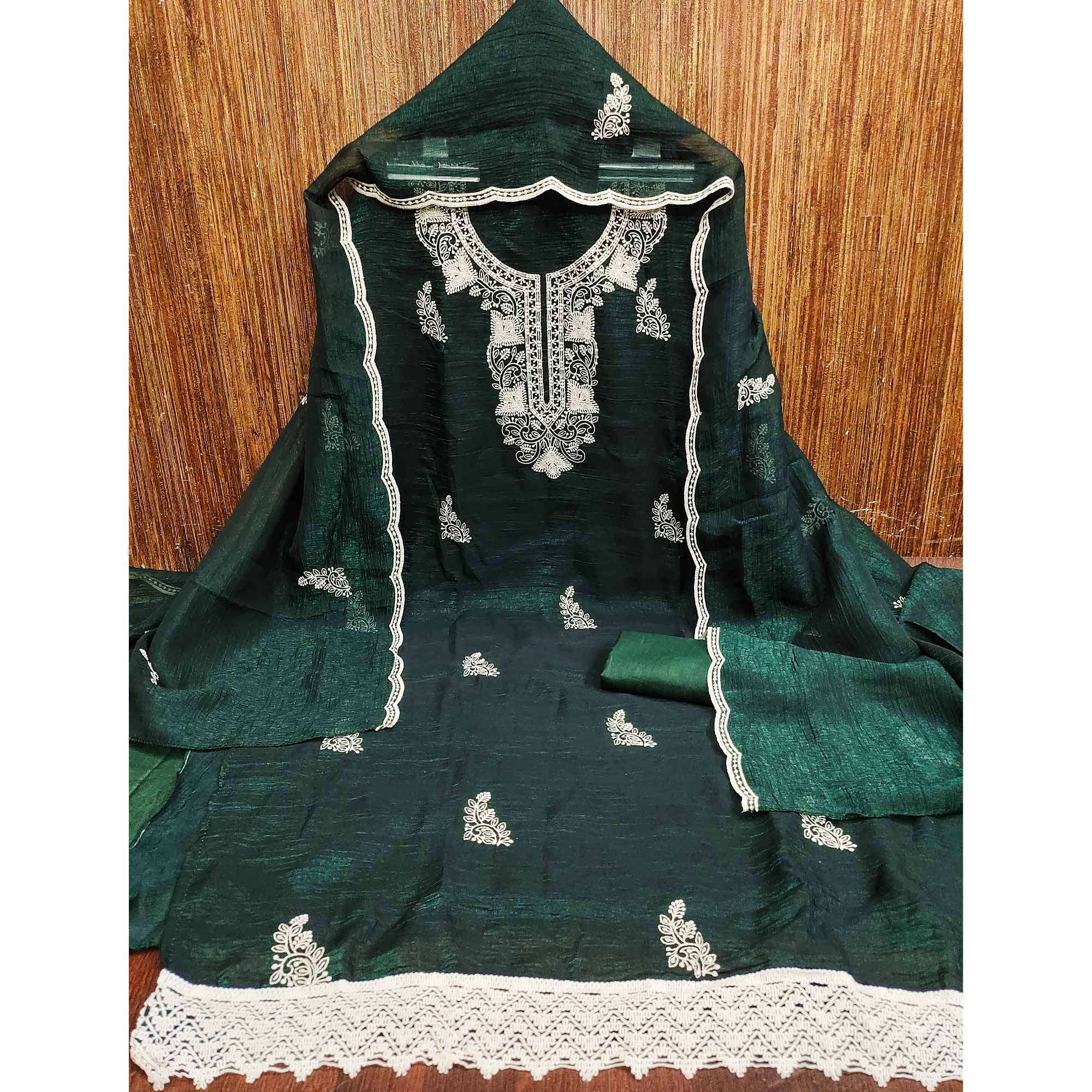 Bottle Green Dress Material With Threaded Floral Embroidery & Sequins on Crunchy Silk Georgette