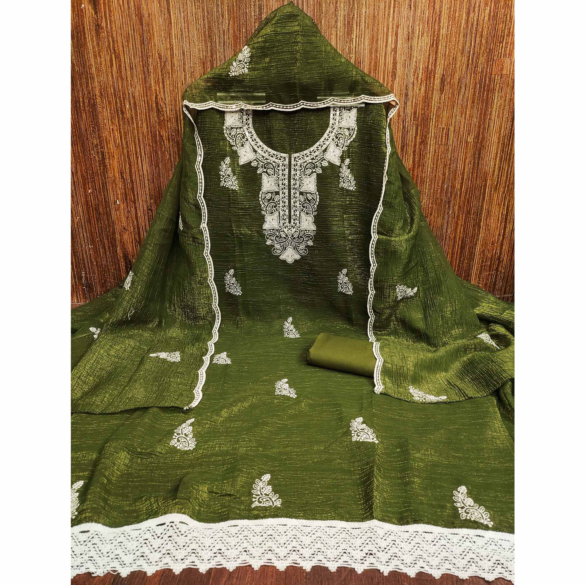 Mehendi Green Dress Material With Threaded Floral Embroidery & Sequins on Crunchy Silk Georgette