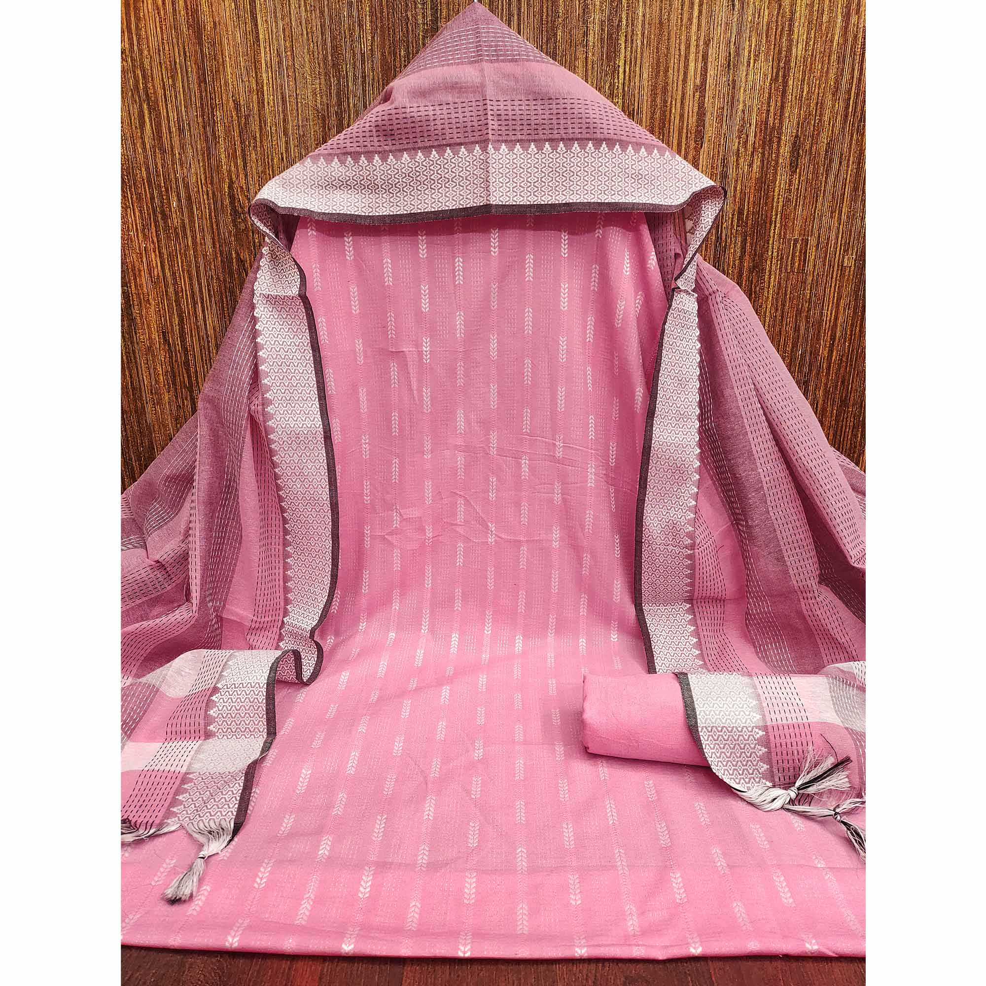 Elegant Pink Woven Texture Dress Material In Poly Cotton Blend