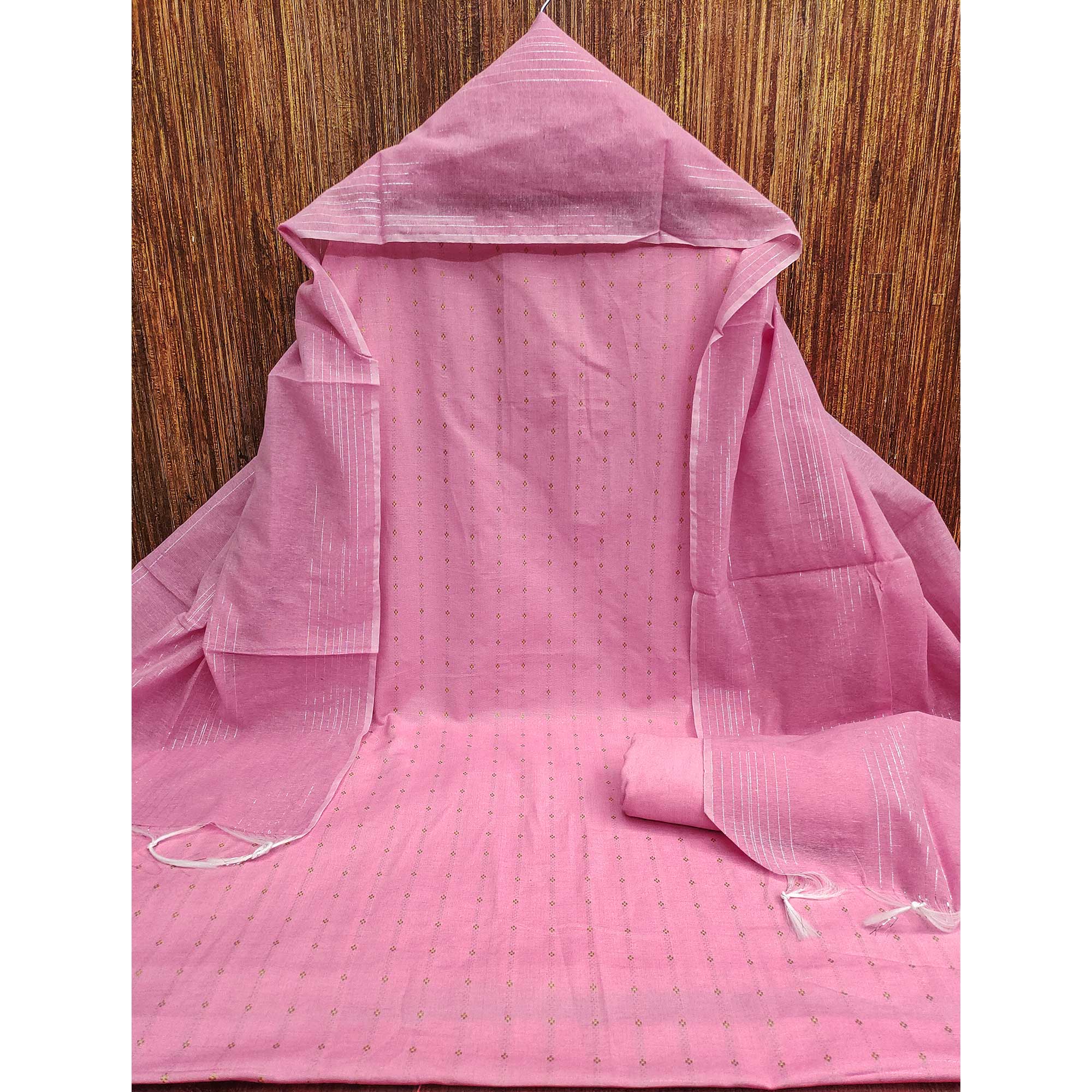 Fresh Pink Woven Poly Cotton Blend Dress Material