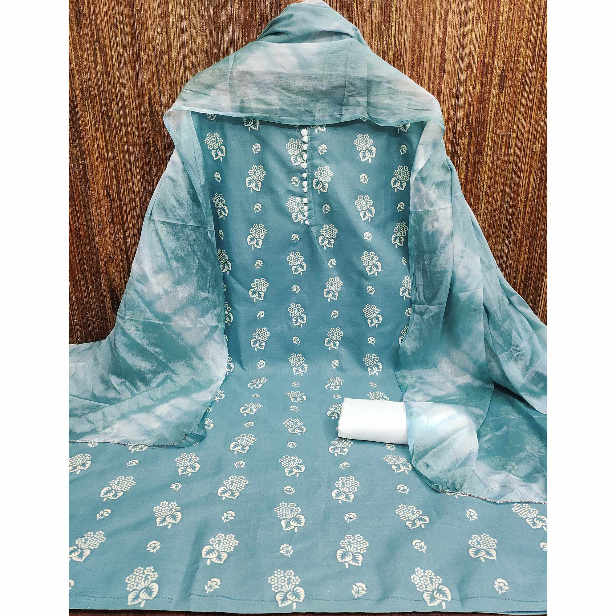 Charming Blue Cotton Blend Dress Material With Floral Print
