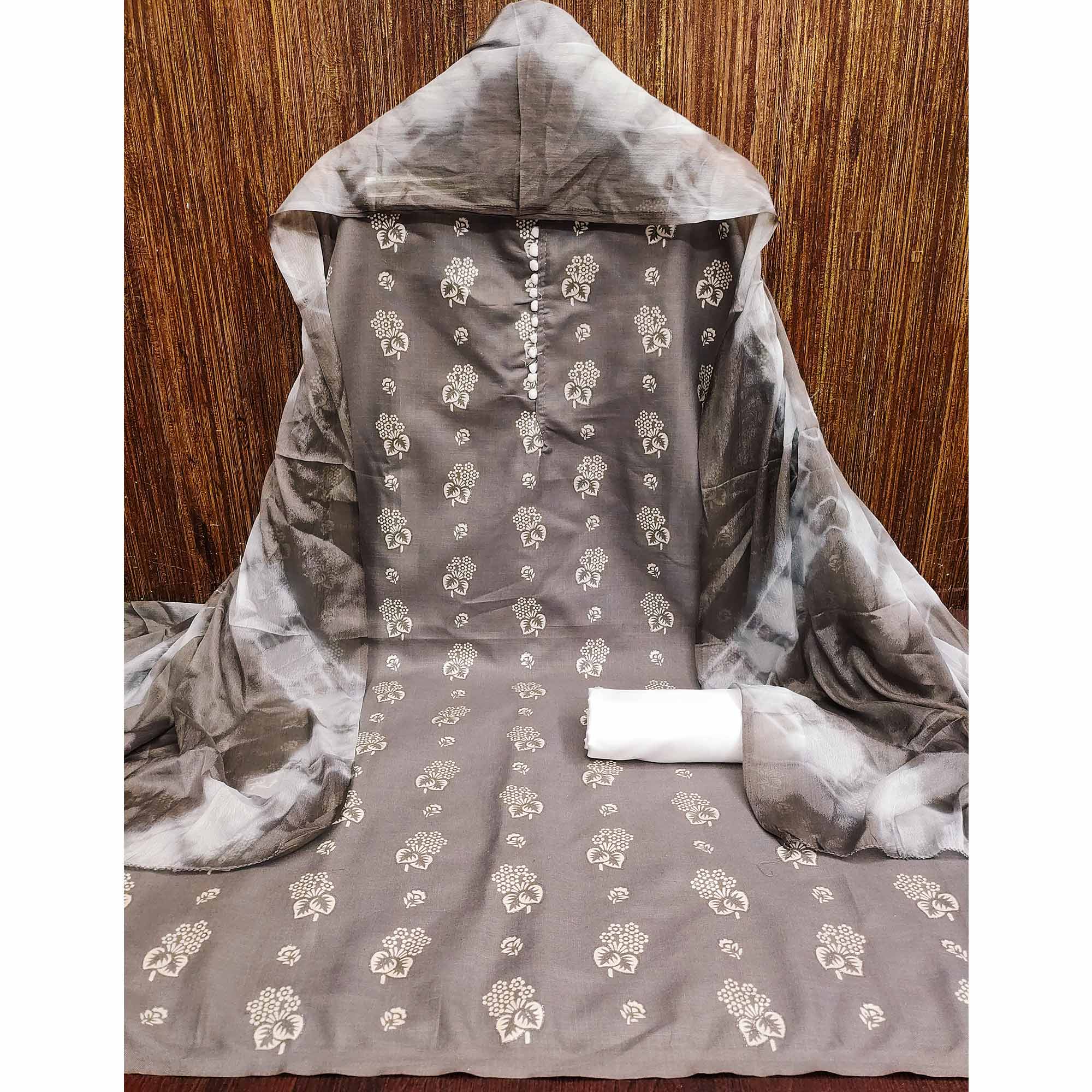 Sophisticated Grey Floral Printed Cotton Blend Dress Material