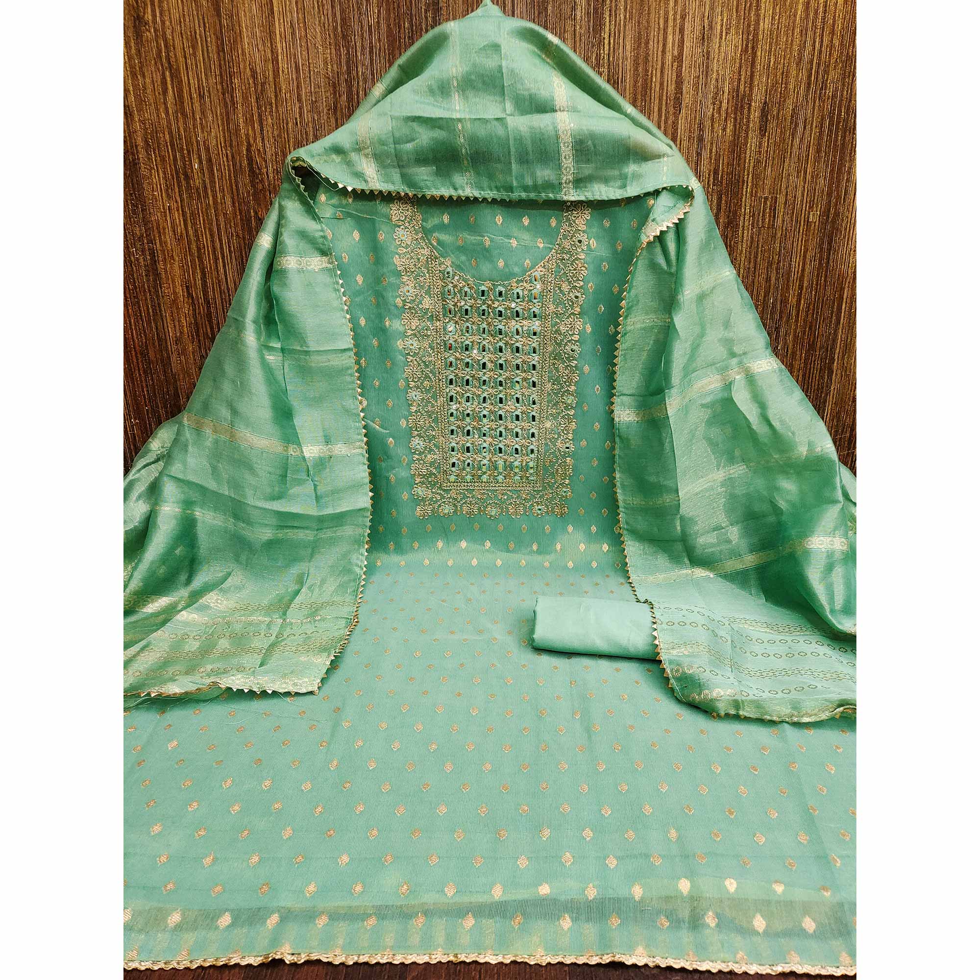 Green Weaving Dress Material In Shimmer Silk With Detailed Cording & Sequin Embroidery Work