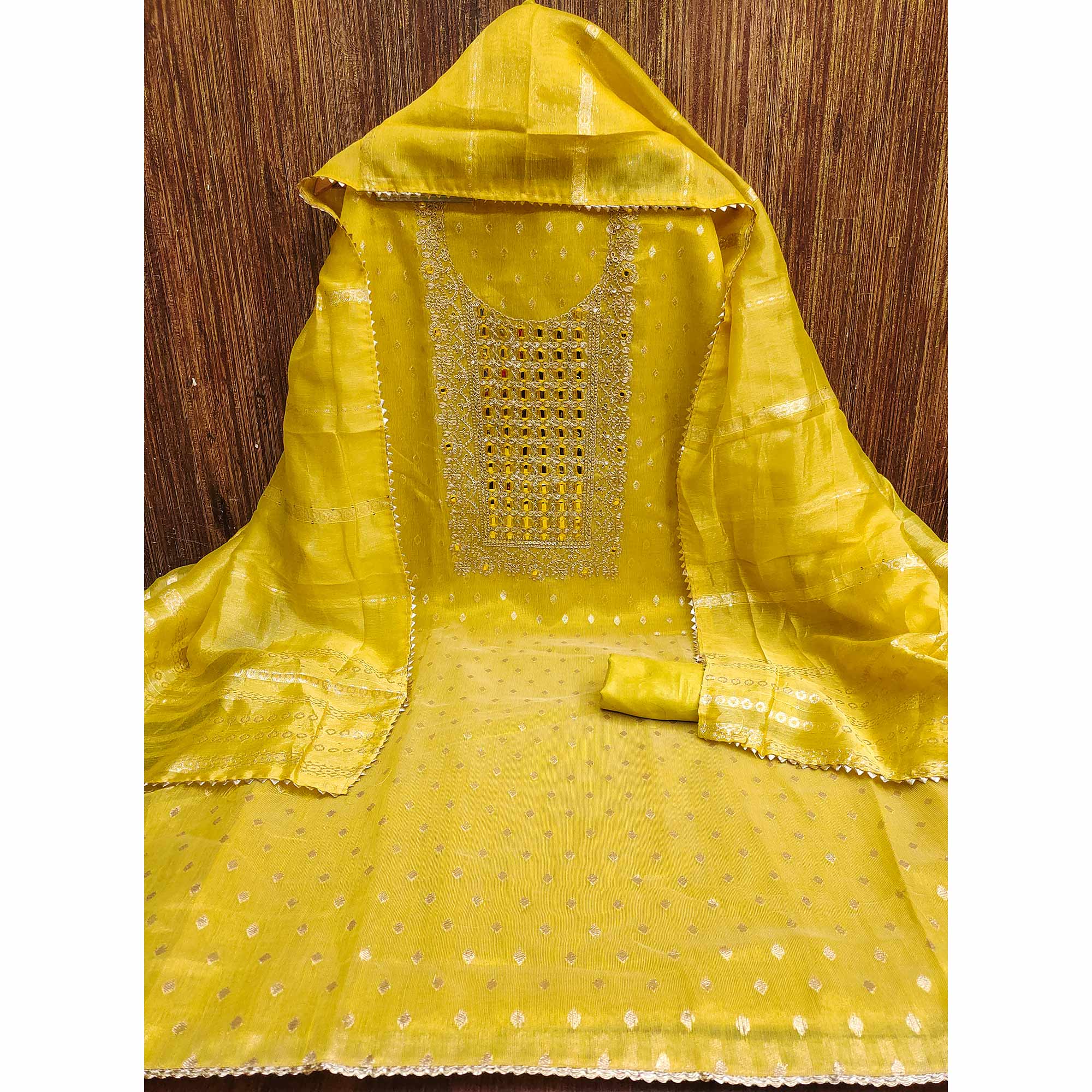 Yellow Weaving Dress Material In Shimmer Silk With Detailed Cording & Sequin Embroidery Work