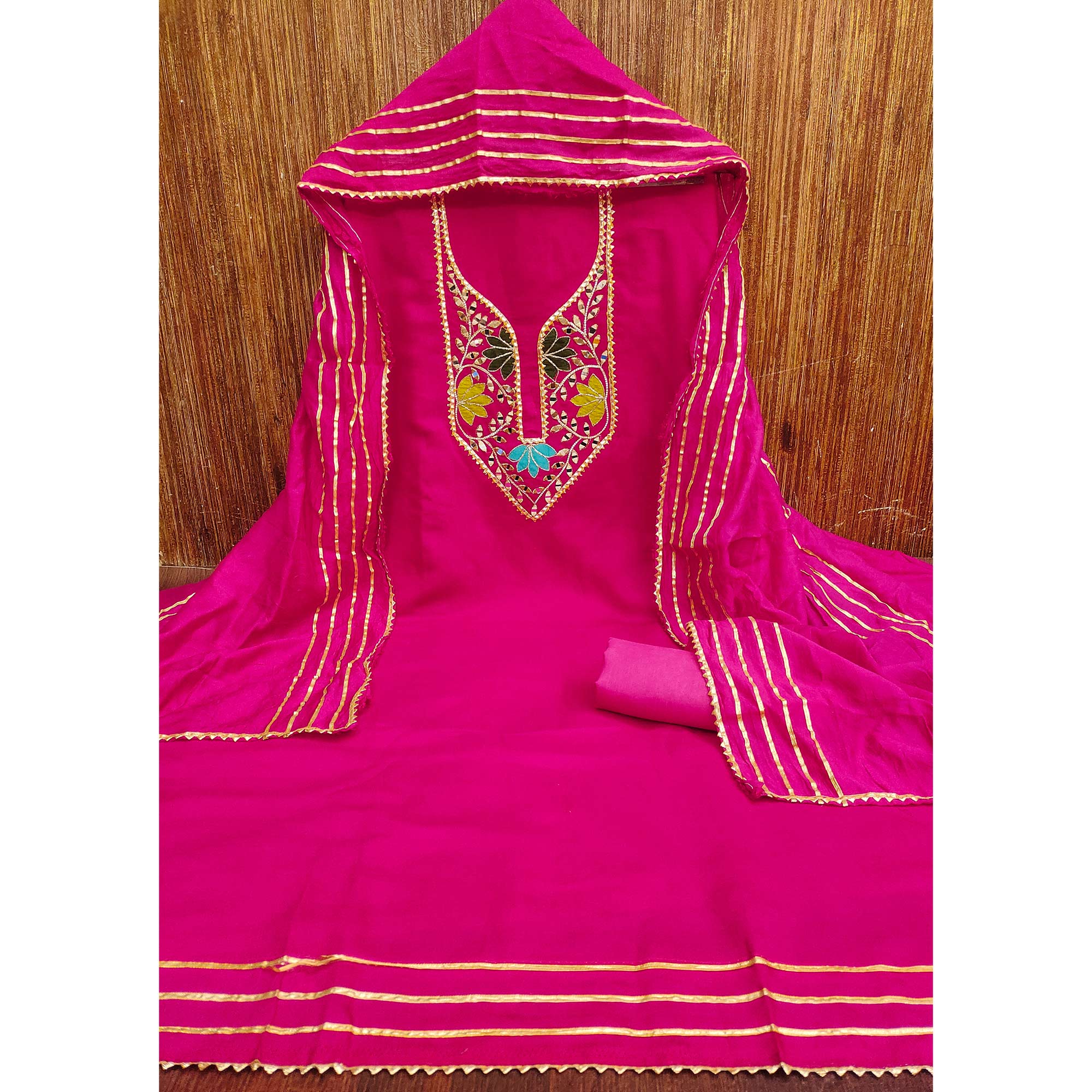 Pink Floral Embroidery Chanderi Cotton Dress Material Embellished With Mirror & Gota Patti
