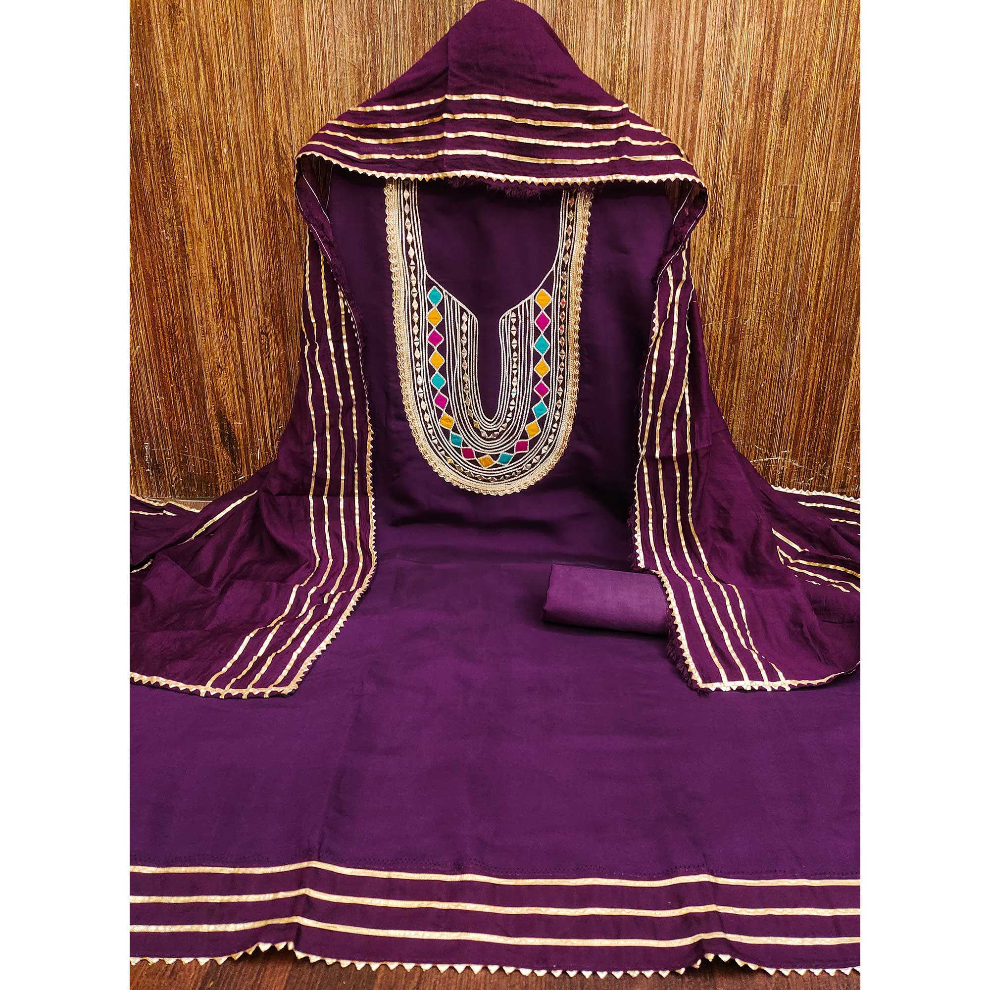 Purple Embroidered Chanderi Cotton Dress Material With Reflective Mirror & Gota Patti Work