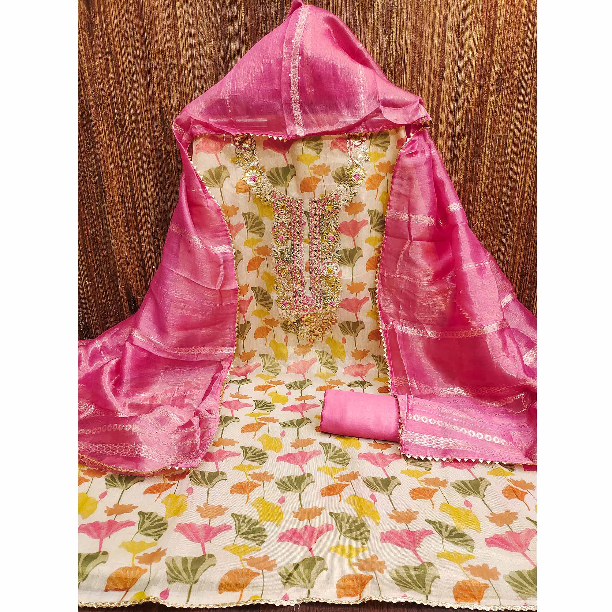 Cream & Pink Floral Printed Shimmer Silk Dress Material Enhanced With Sequins Cording Embroidery