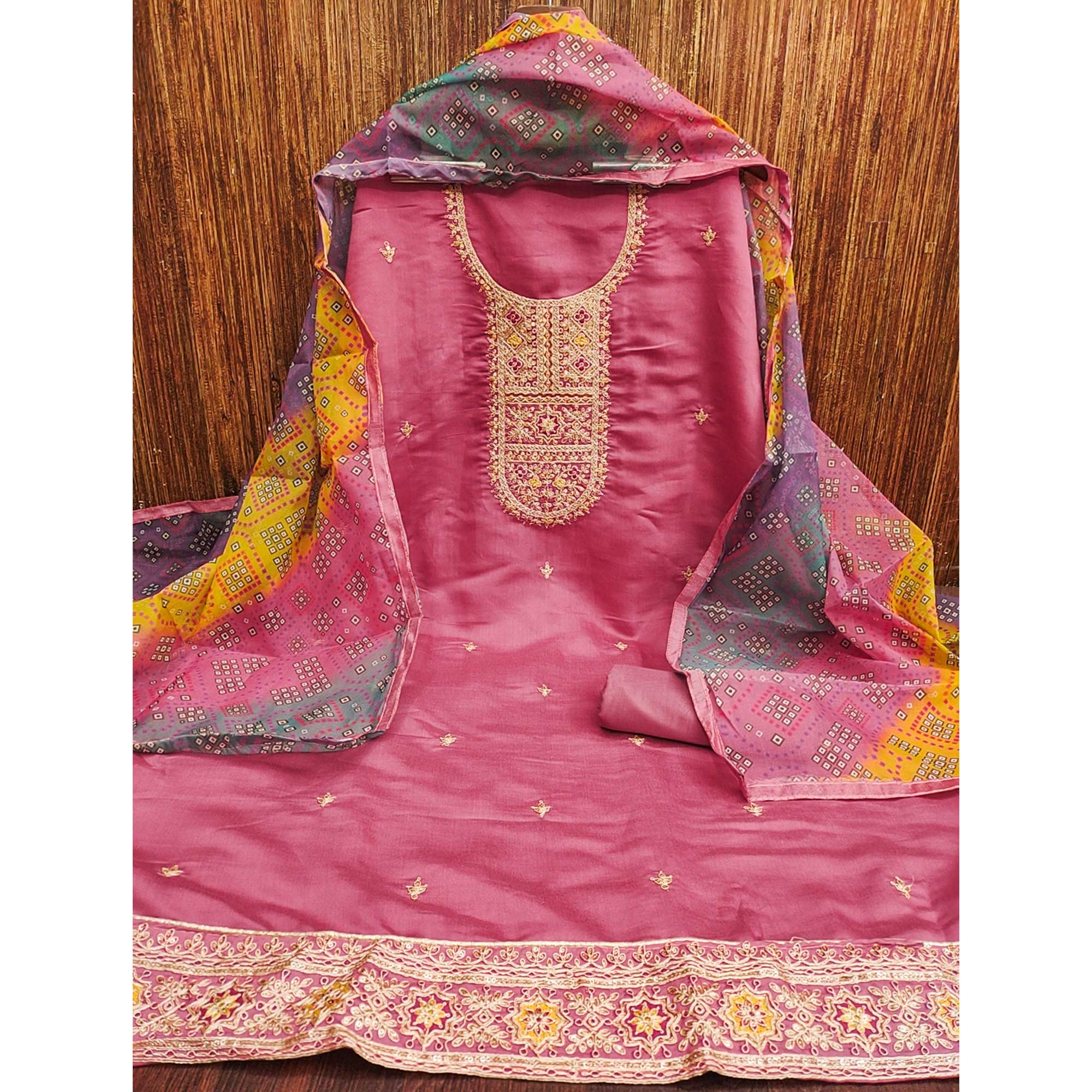 Gajari Pink Roman Chanderi Silk Dress Material With Elegant Sequins & Cording Embroidery Work