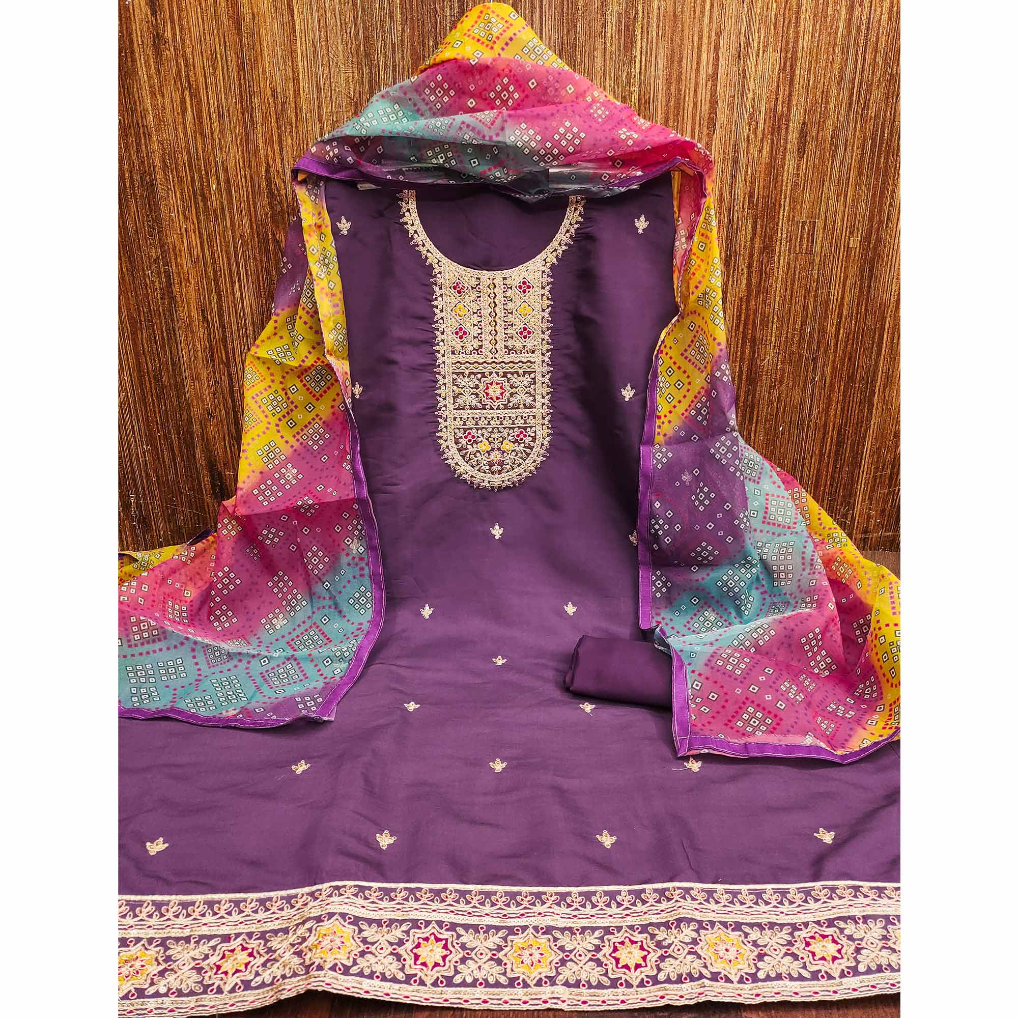 Purple Roman Chanderi Silk Dress Material With Elegant Sequins & Cording Embroidery Work