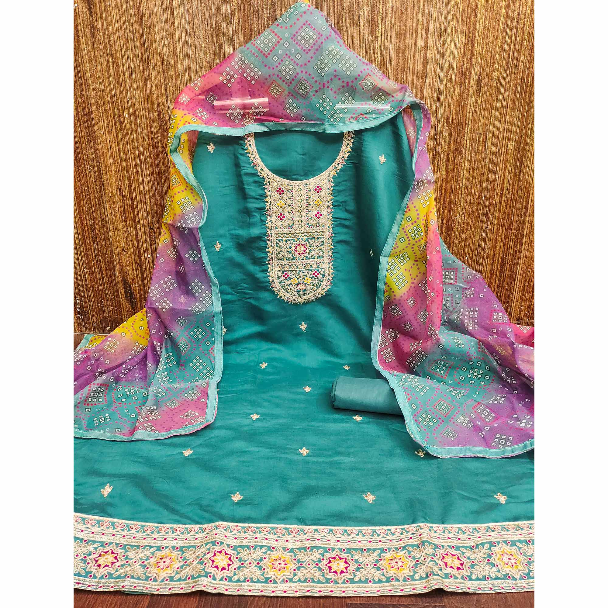 Rama Blue Roman Chanderi Silk Dress Material With Elegant Sequins & Cording Embroidery Work