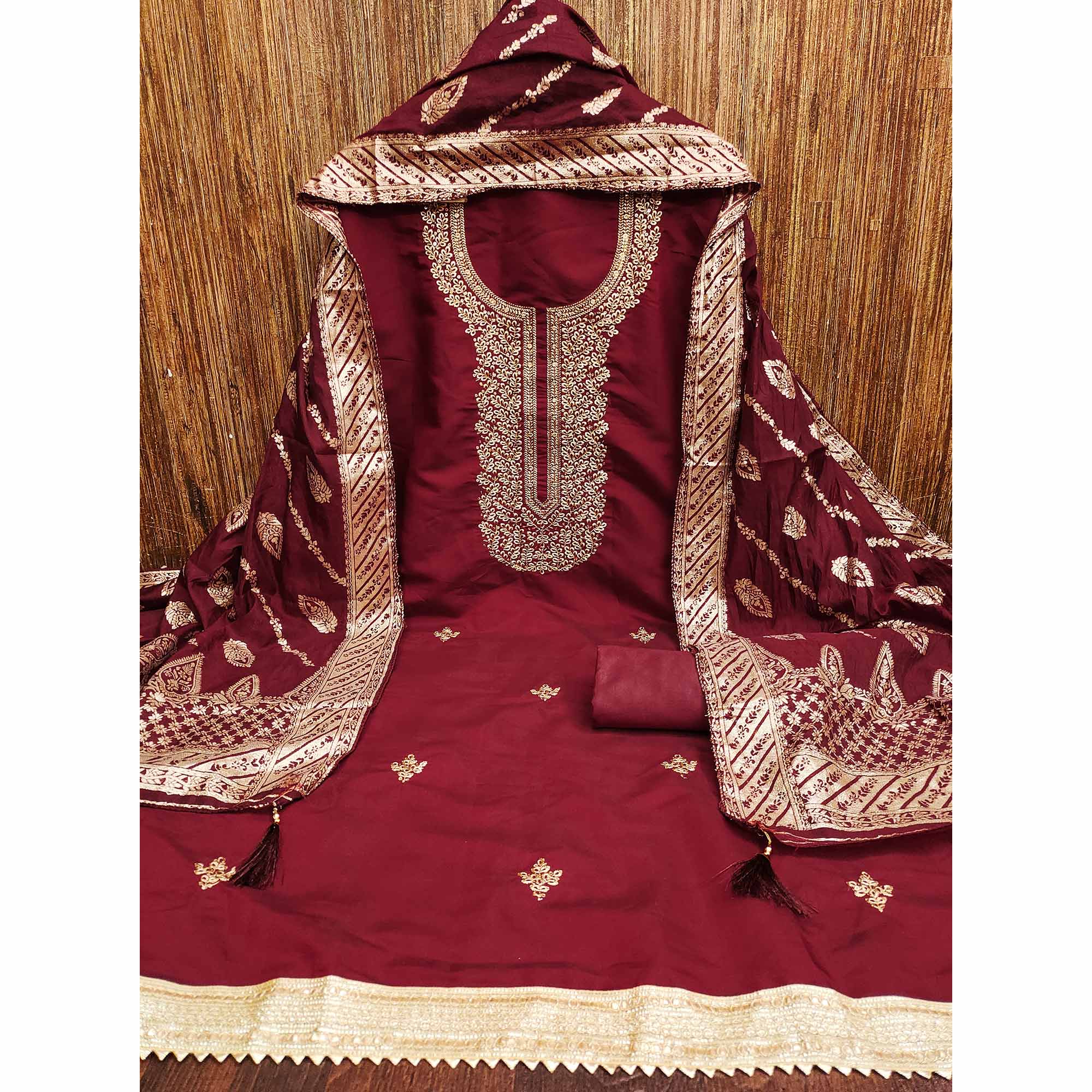 Maroon Roman Chanderi Silk Dress Material With Elegant Floral & Cording Embroidery Work