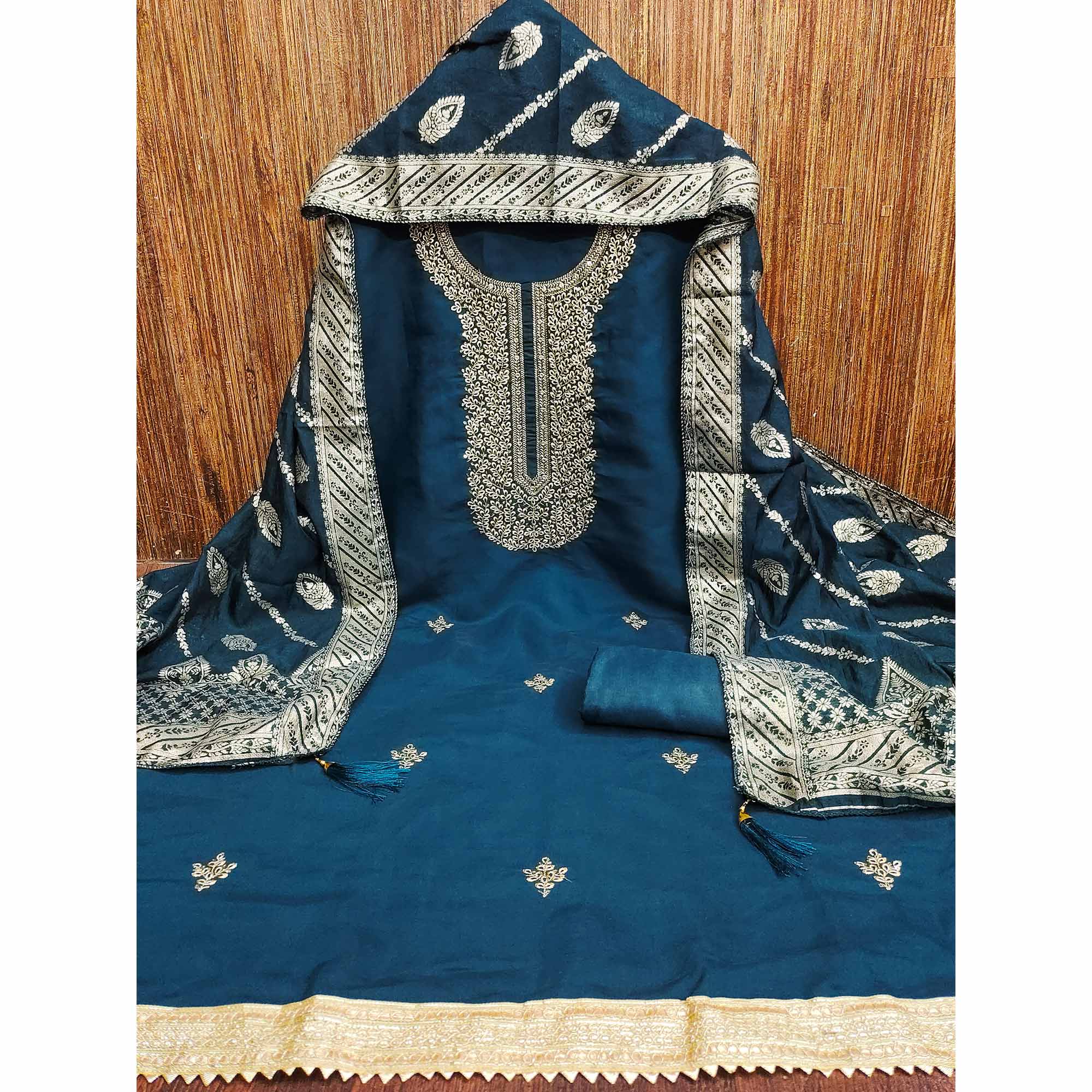 Teal Roman Chanderi Silk Dress Material With Elegant Floral & Cording Embroidery Work