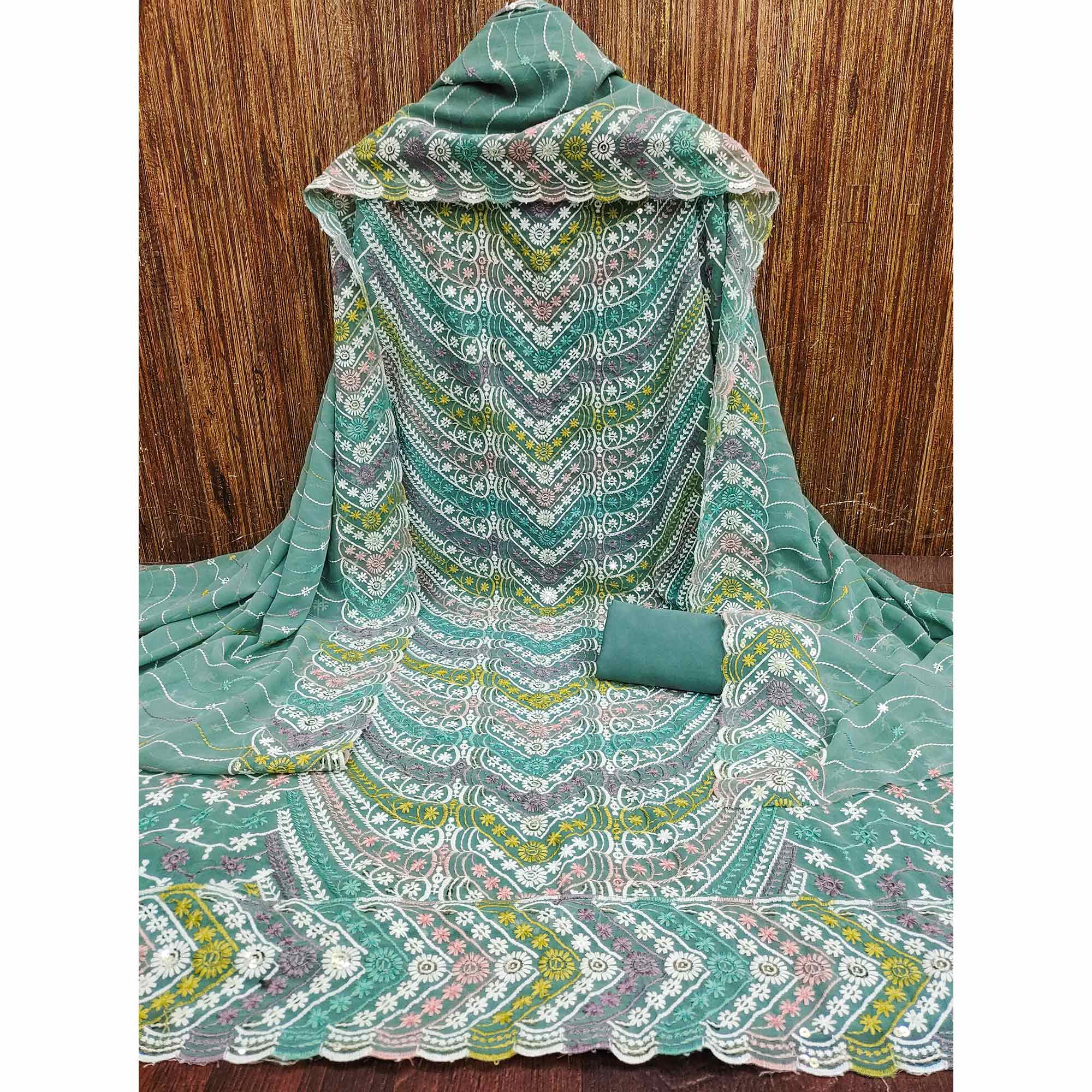 Sage Green Dress Material In Rich Jacquard With Intricate Heavy Embroidery