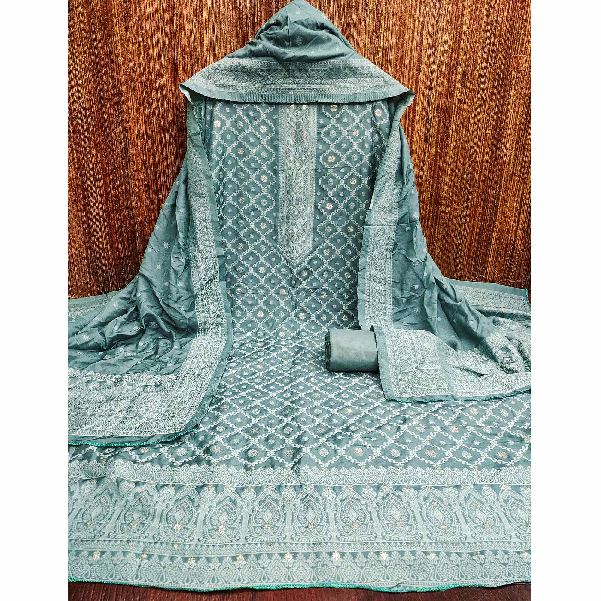 Banarasi Inspired Teal Jacquard Fabric for Elegant Ensembles