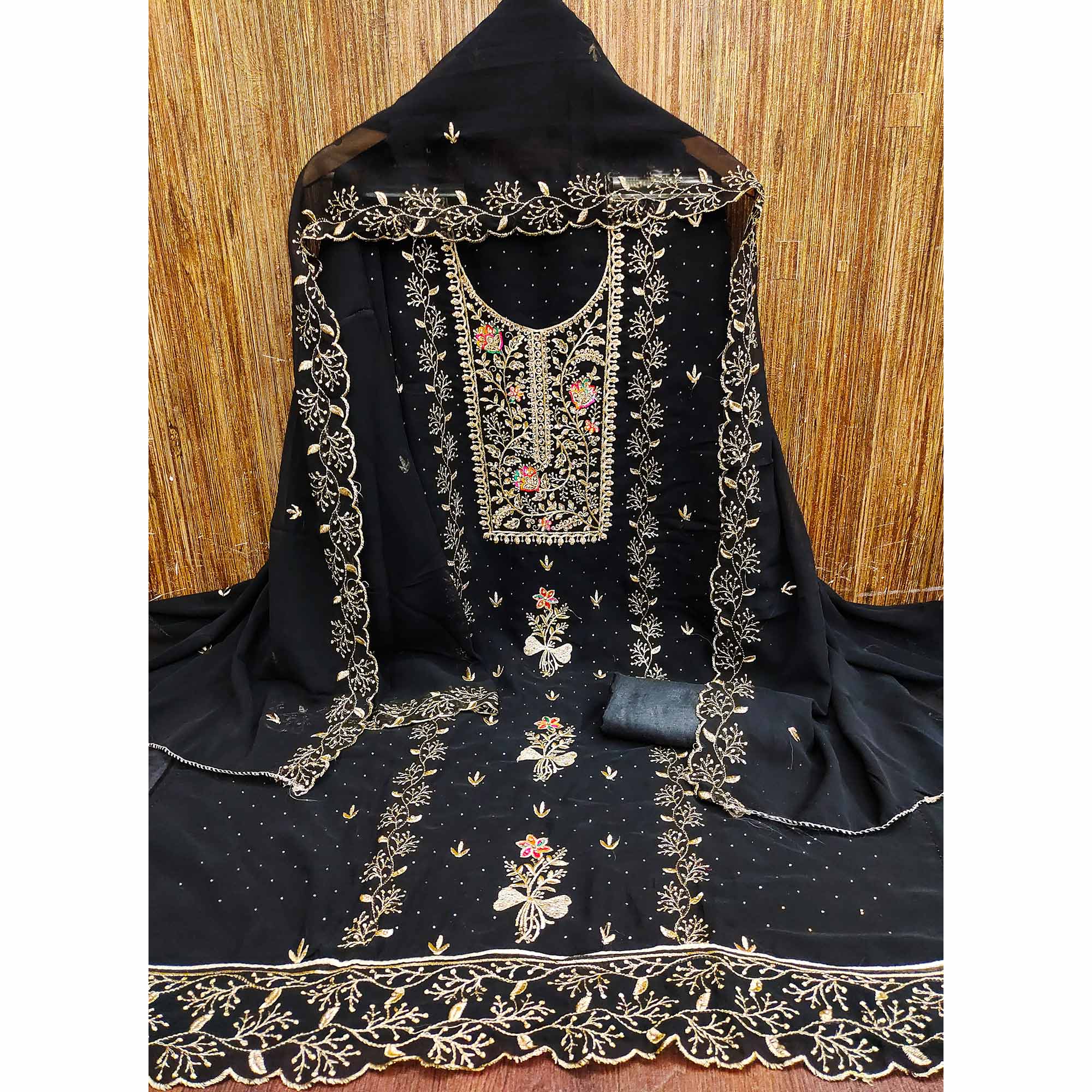 Black Georgette Dress Material With Floral Embroidery & Sparkling Stone Work