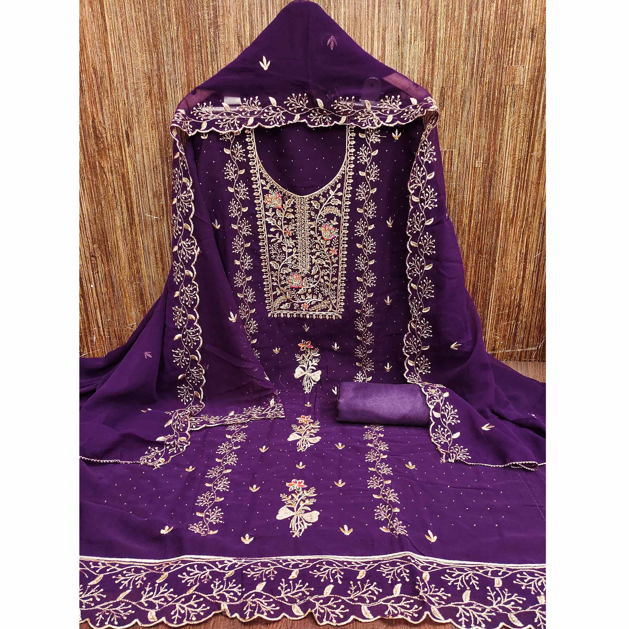 Purple Georgette Dress Material With Floral Embroidery & Sparkling Stone Work