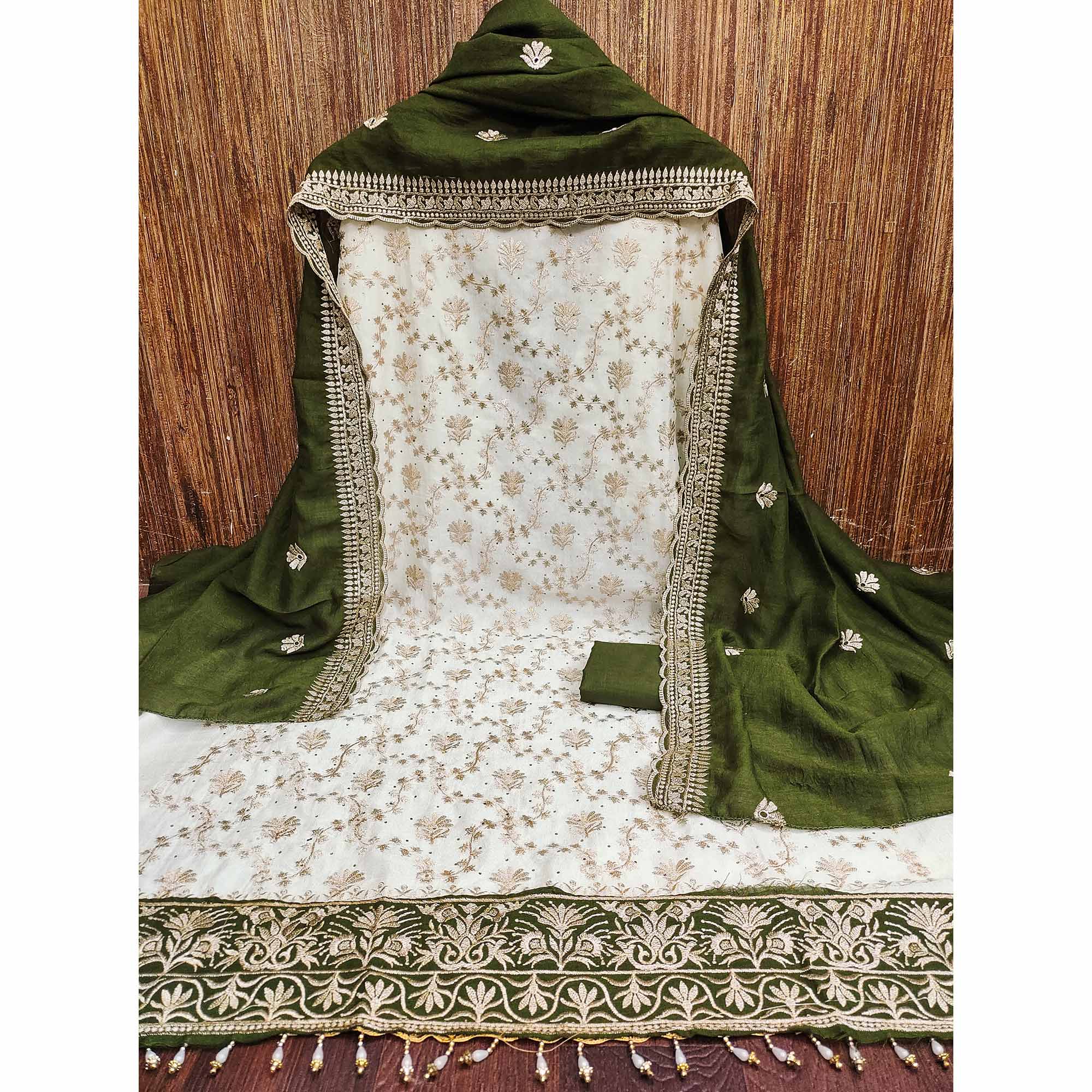 Offwhite & Green Vichitra Silk Dress Material With Intricate Floral Zari Work