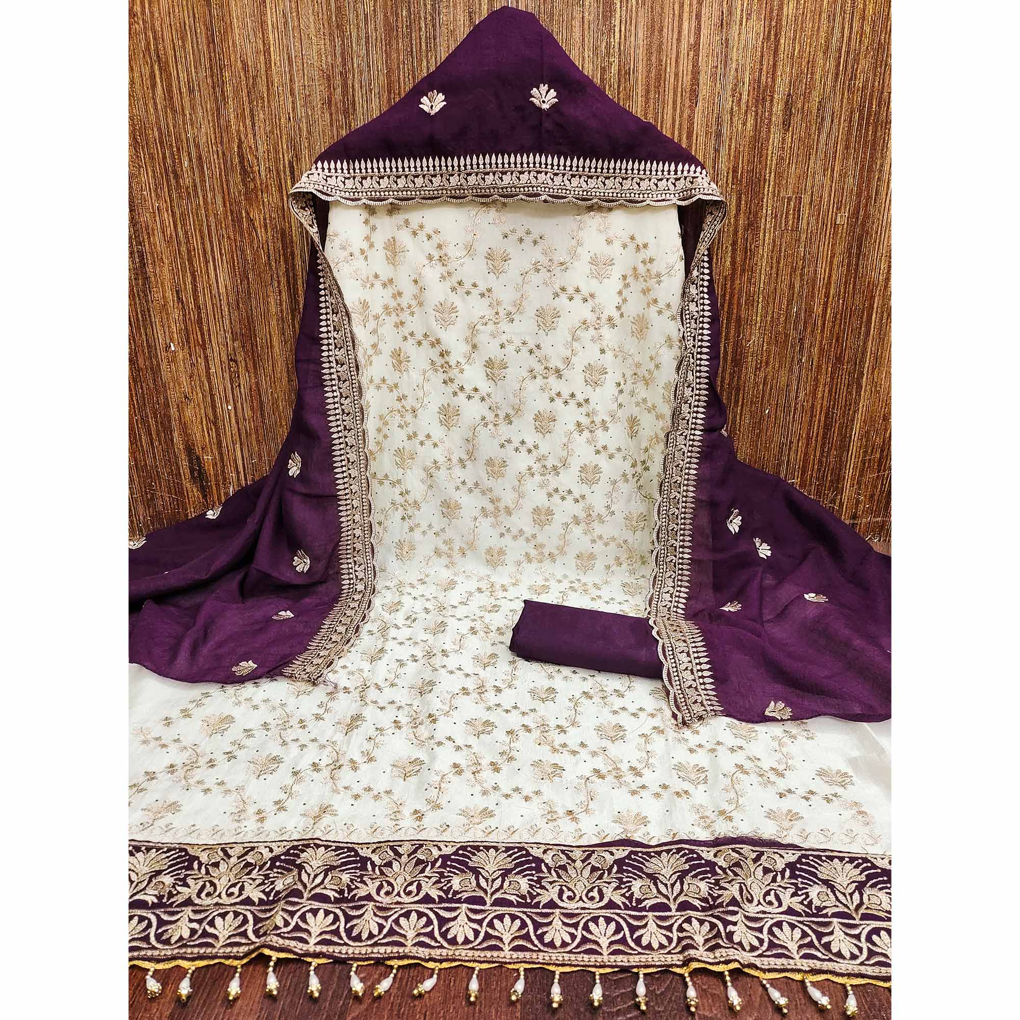 Offwhite & Wine Vichitra Silk Dress Material With Intricate Floral Zari Work