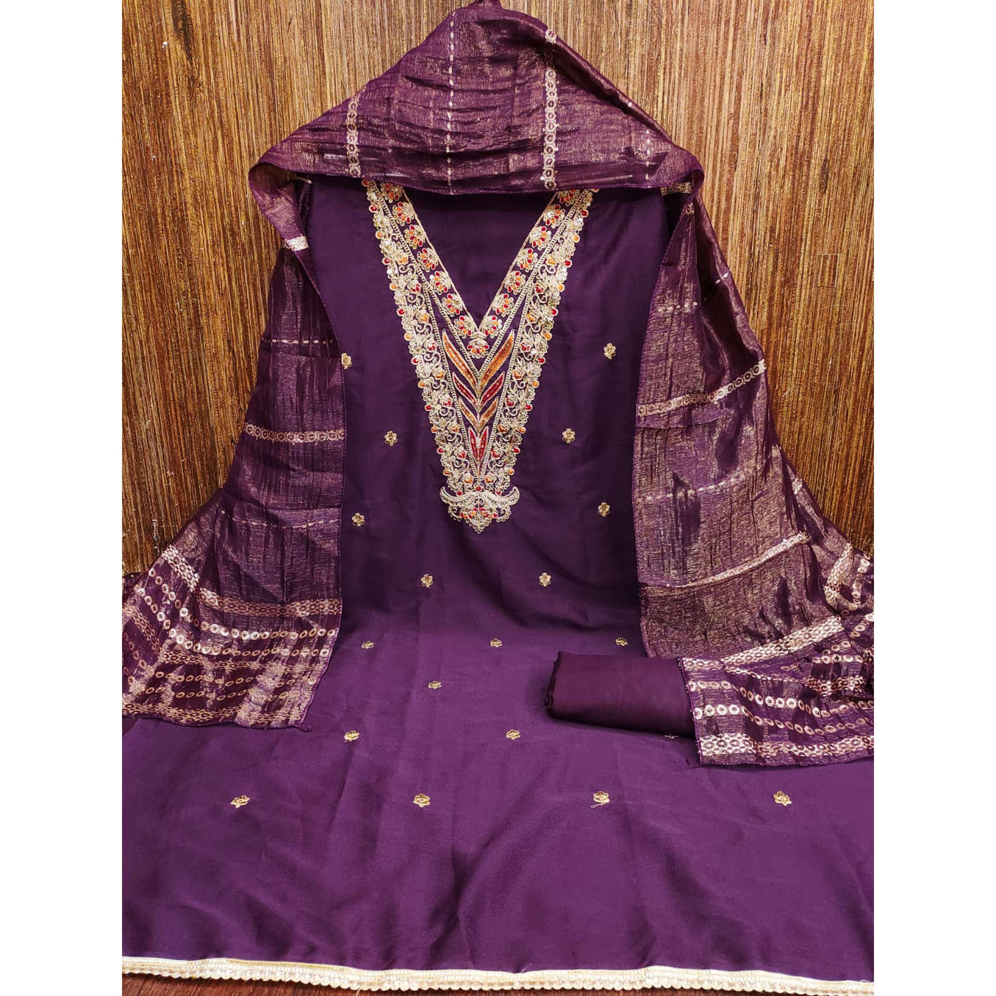 Purple Georgette Dress Material Embellished With Floral Cording Embroidery & Sequin Accents