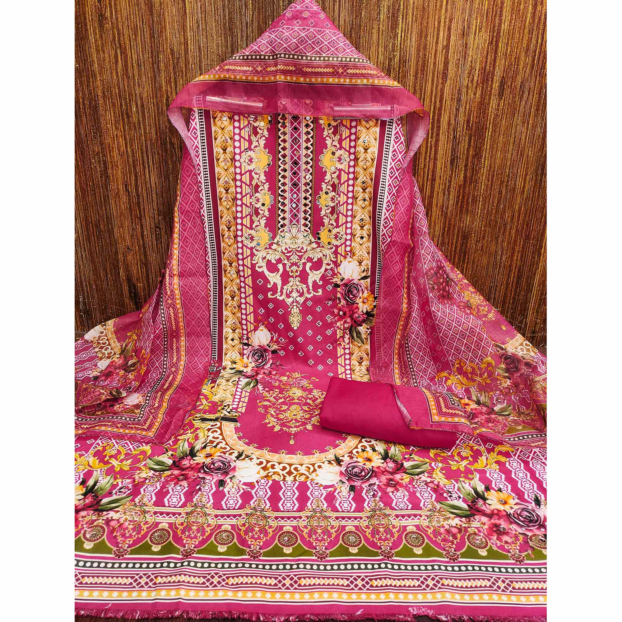 Pink Dress Material in Rayon with Delicate Floral Patterns