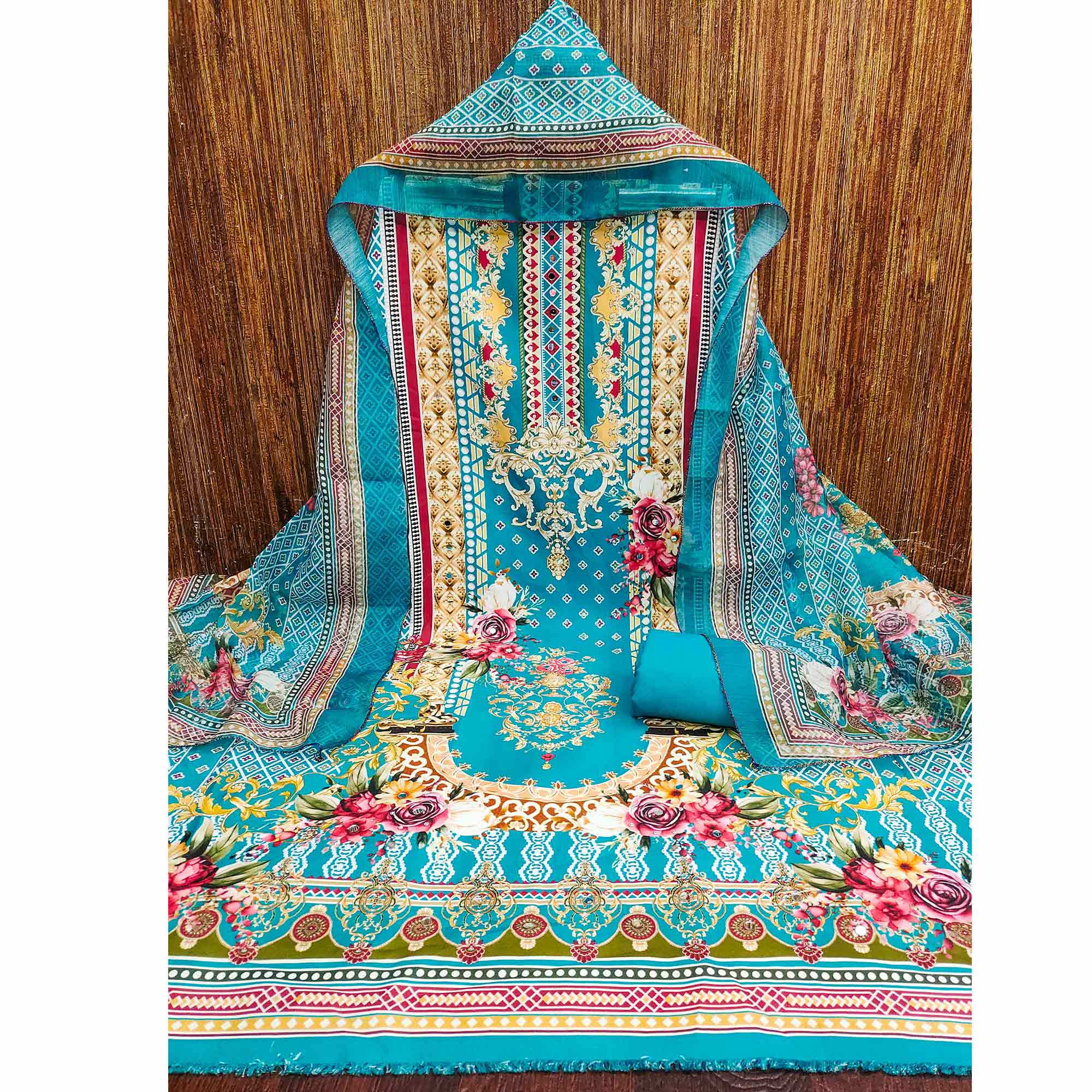 Teal Dress Material in Rayon with Delicate Floral Patterns