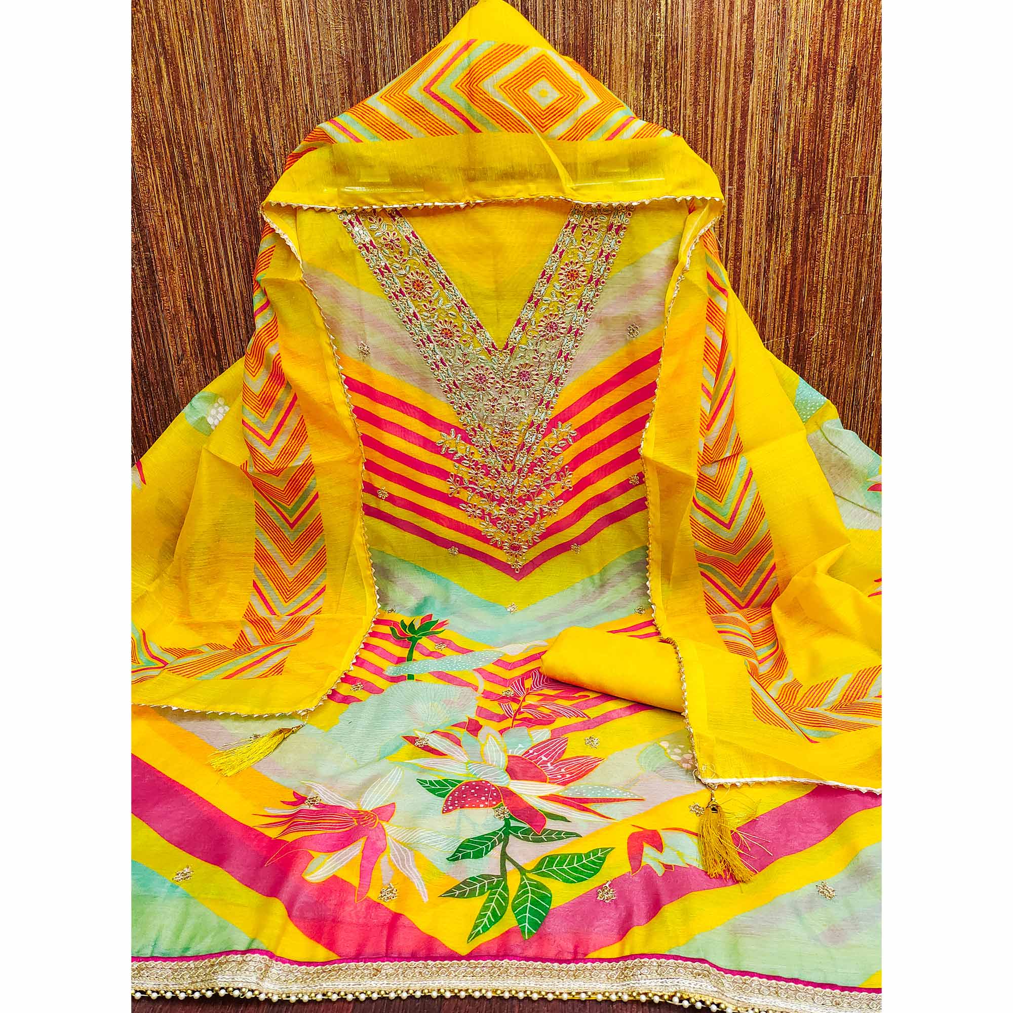 Designer Yellow Chanderi Silk Dress Material with Bold Prints and Rich Embroidery