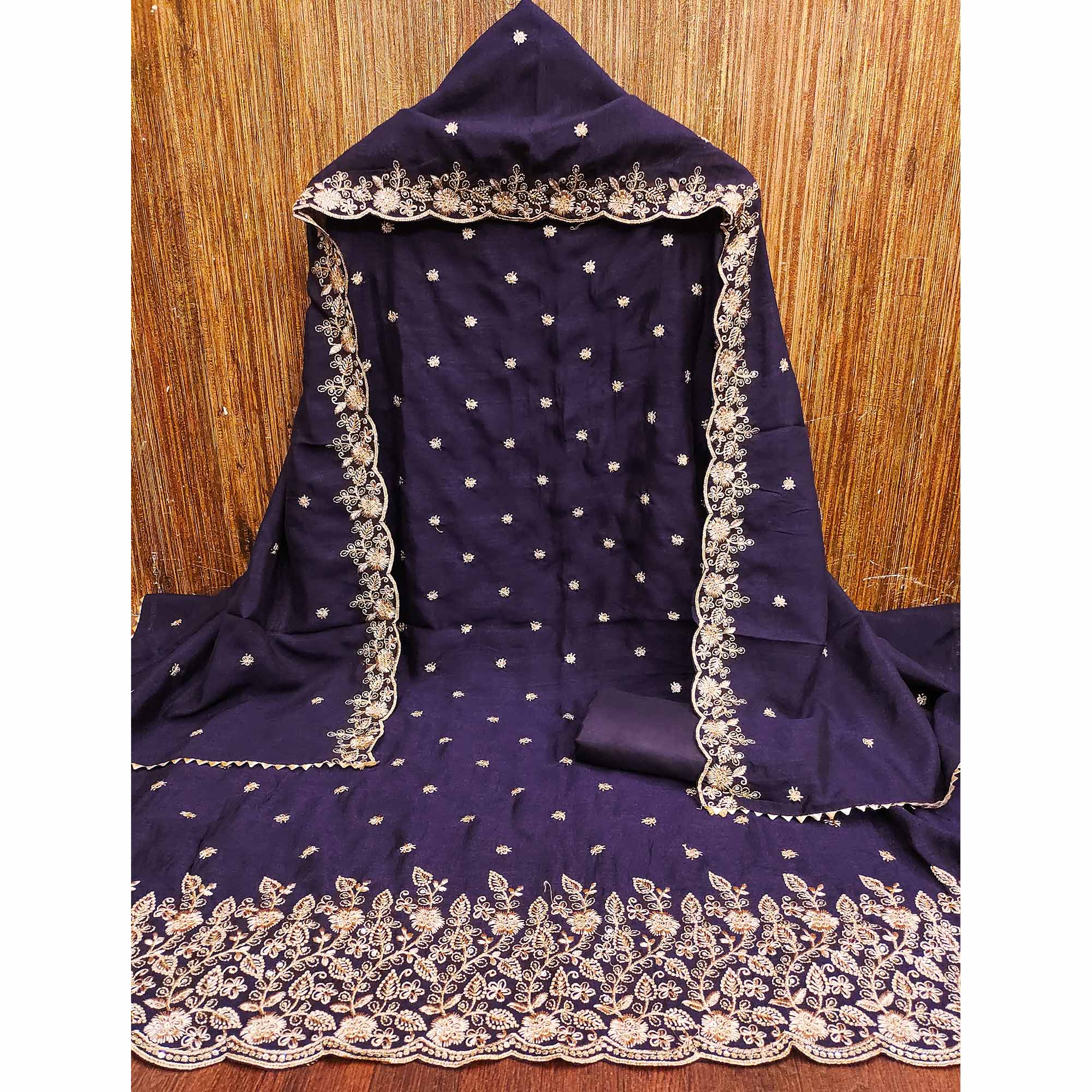 Blue Vichitra Silk Dress Material with Rich Threadwork