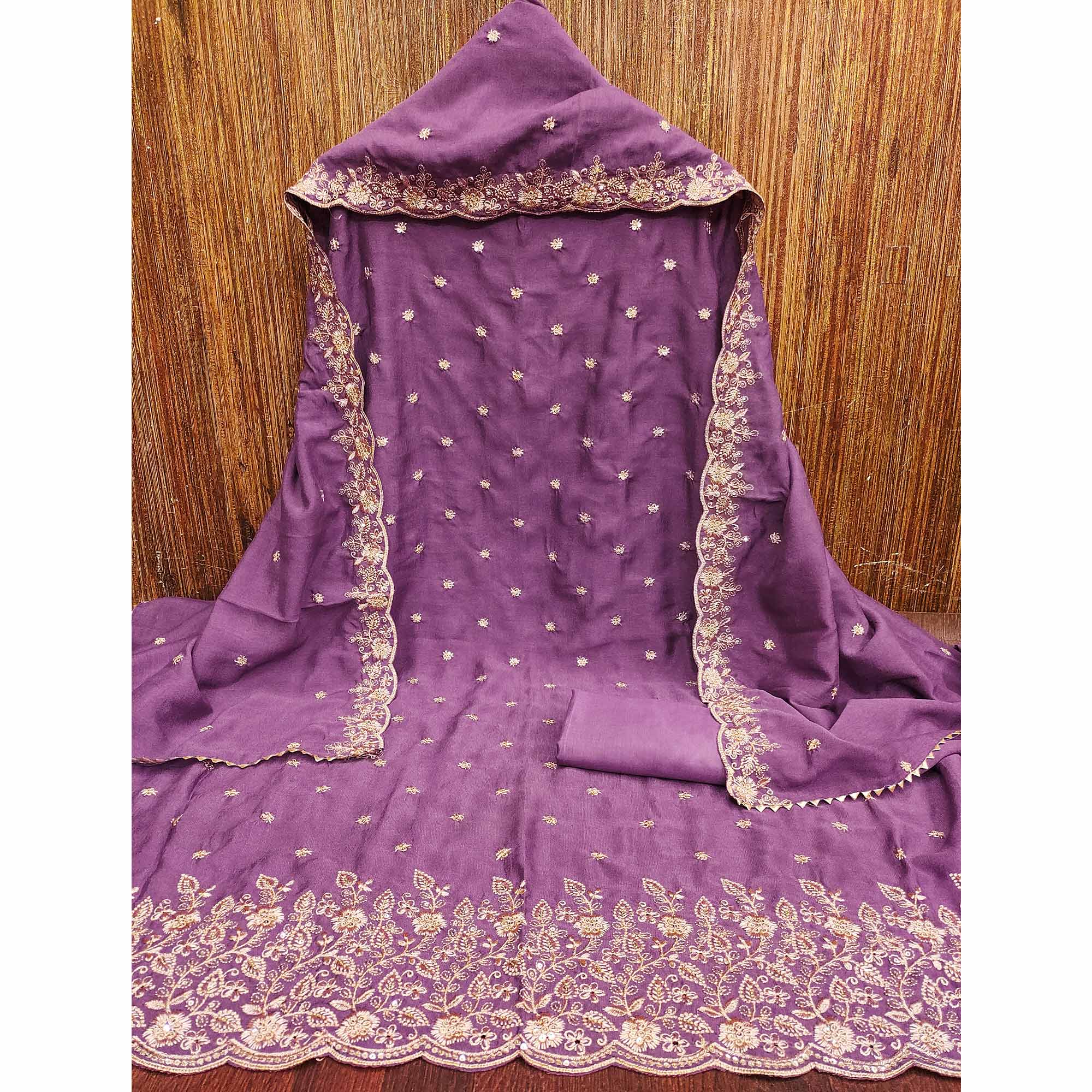 Purple Vichitra Silk Dress Material with Rich Threadwork