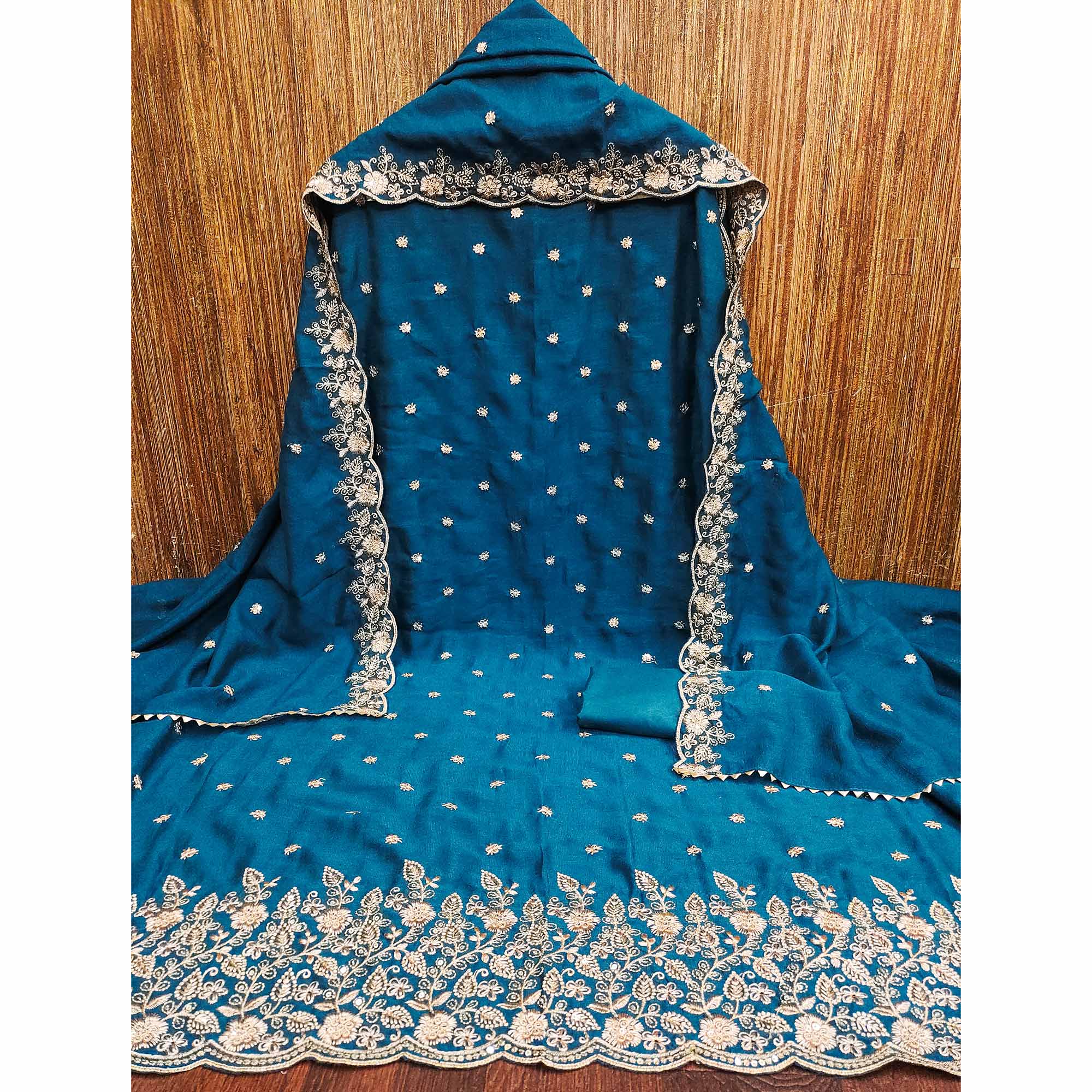 Teal Vichitra Silk Dress Material with Rich Threadwork