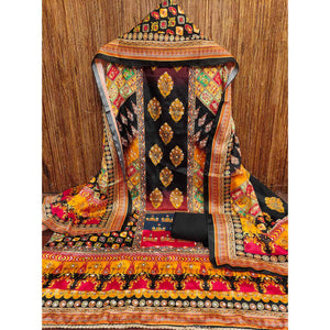Black Chinon Dress Material With Reflective Mirror Work & Floral Prints