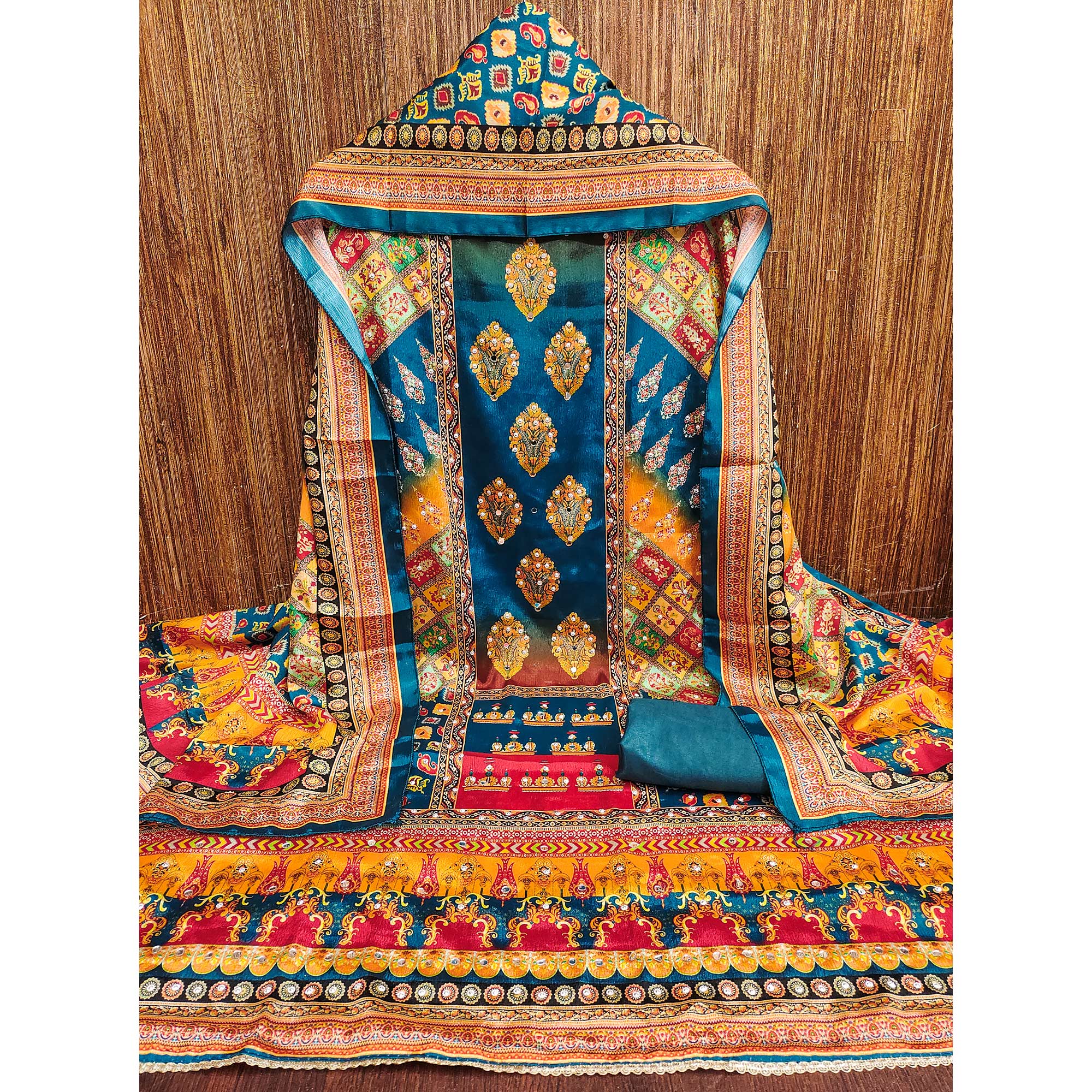 Blue Chinon Dress Material With Reflective Mirror Work & Floral Prints