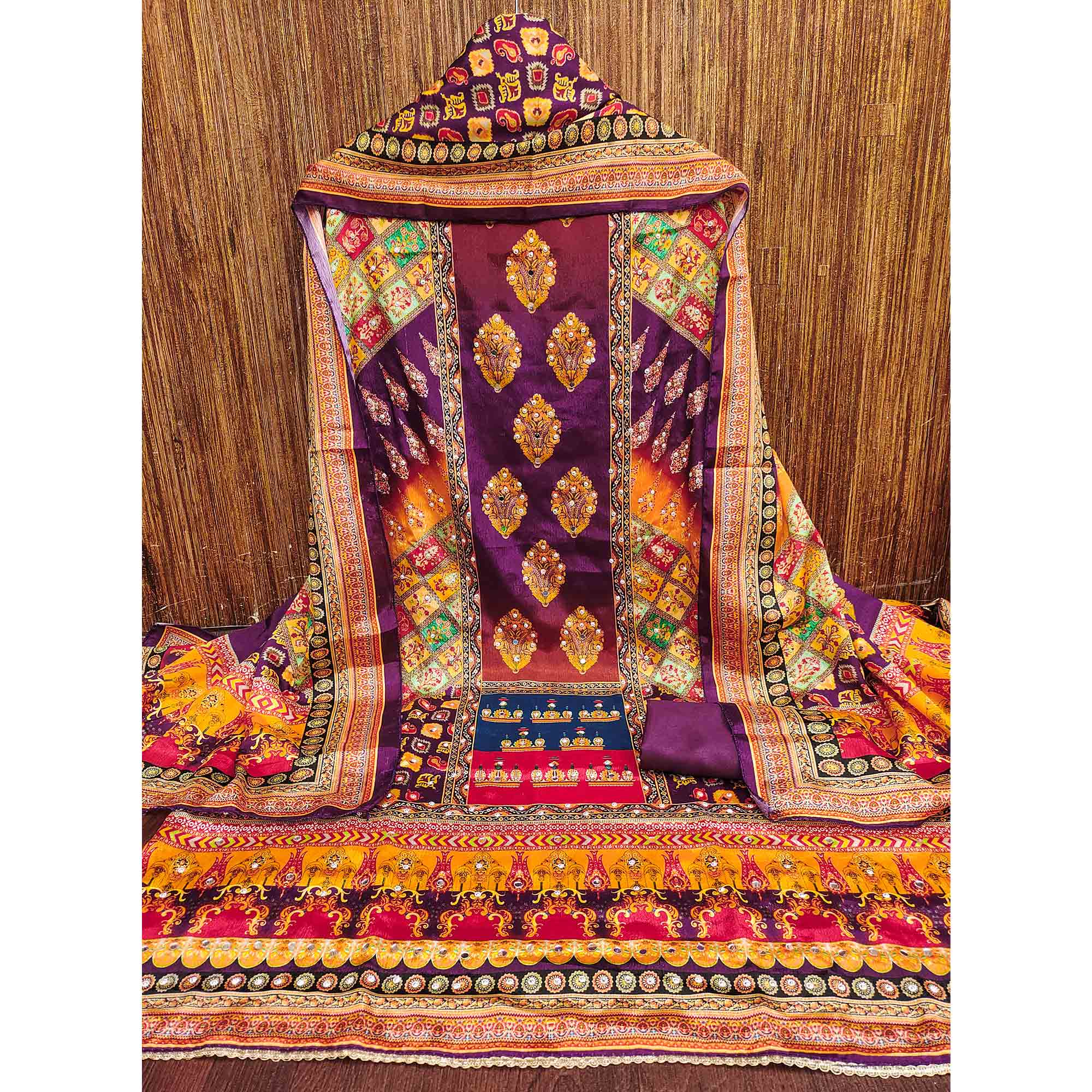 Purple Chinon Dress Material With Reflective Mirror Work & Floral Prints