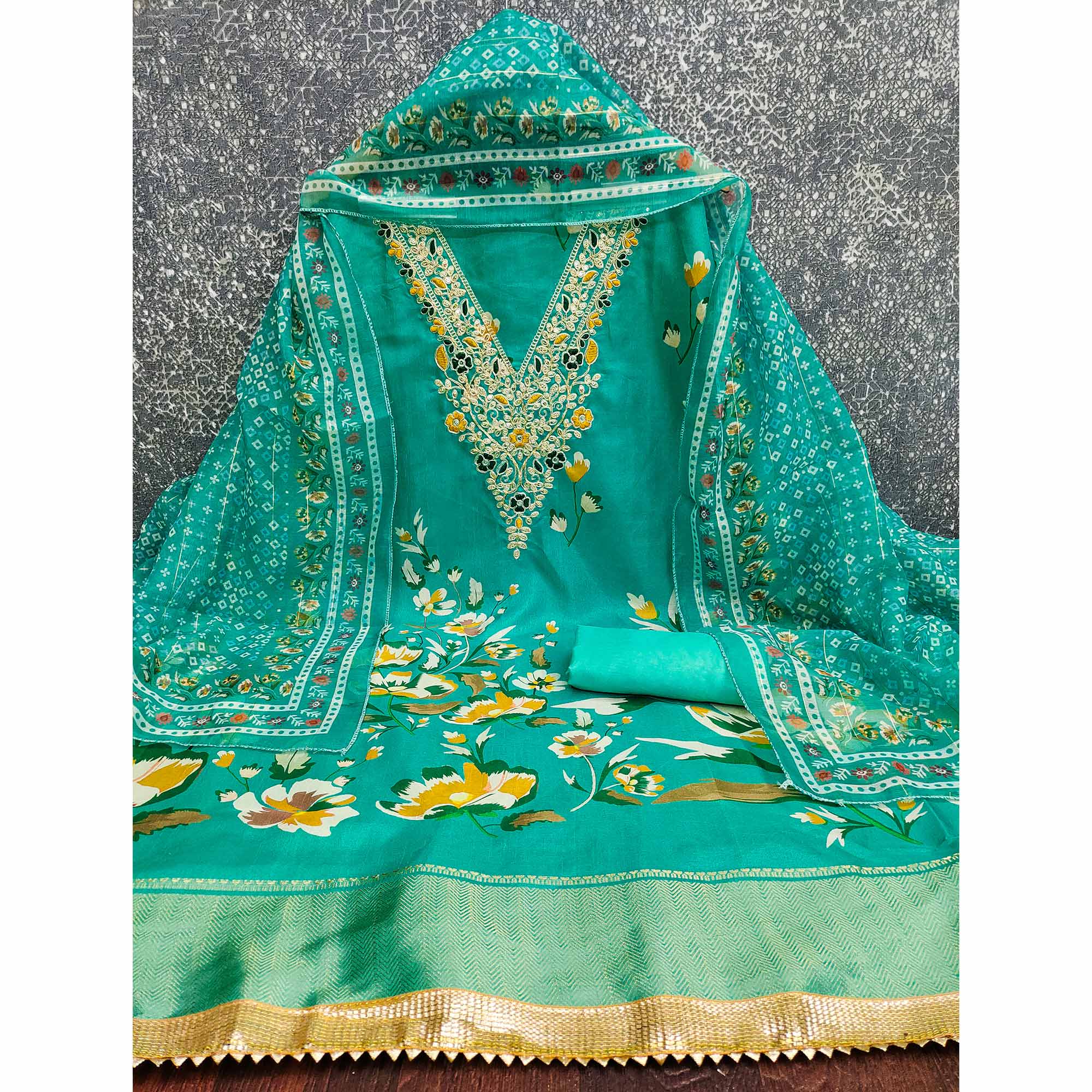 Turquoise Chanderi Silk Dress Material With Floral Digital Print & Delicate Cording Embroidery