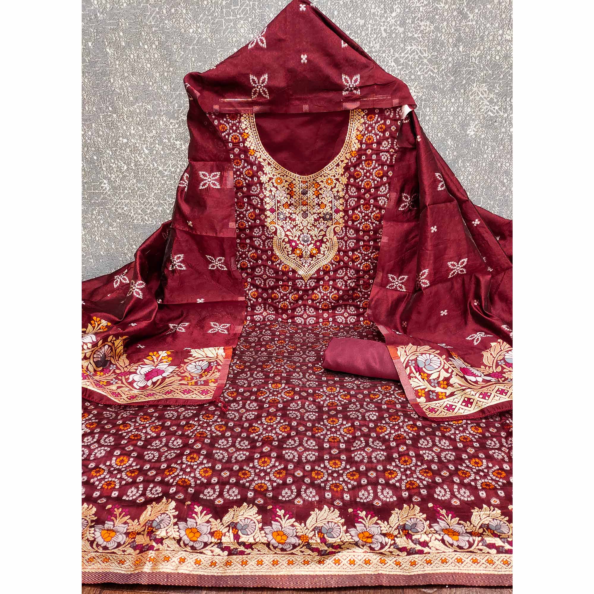 Maroon Banarasi Silk Jacquard Dress Material Adorned With Intricate Floral Zari Weaving