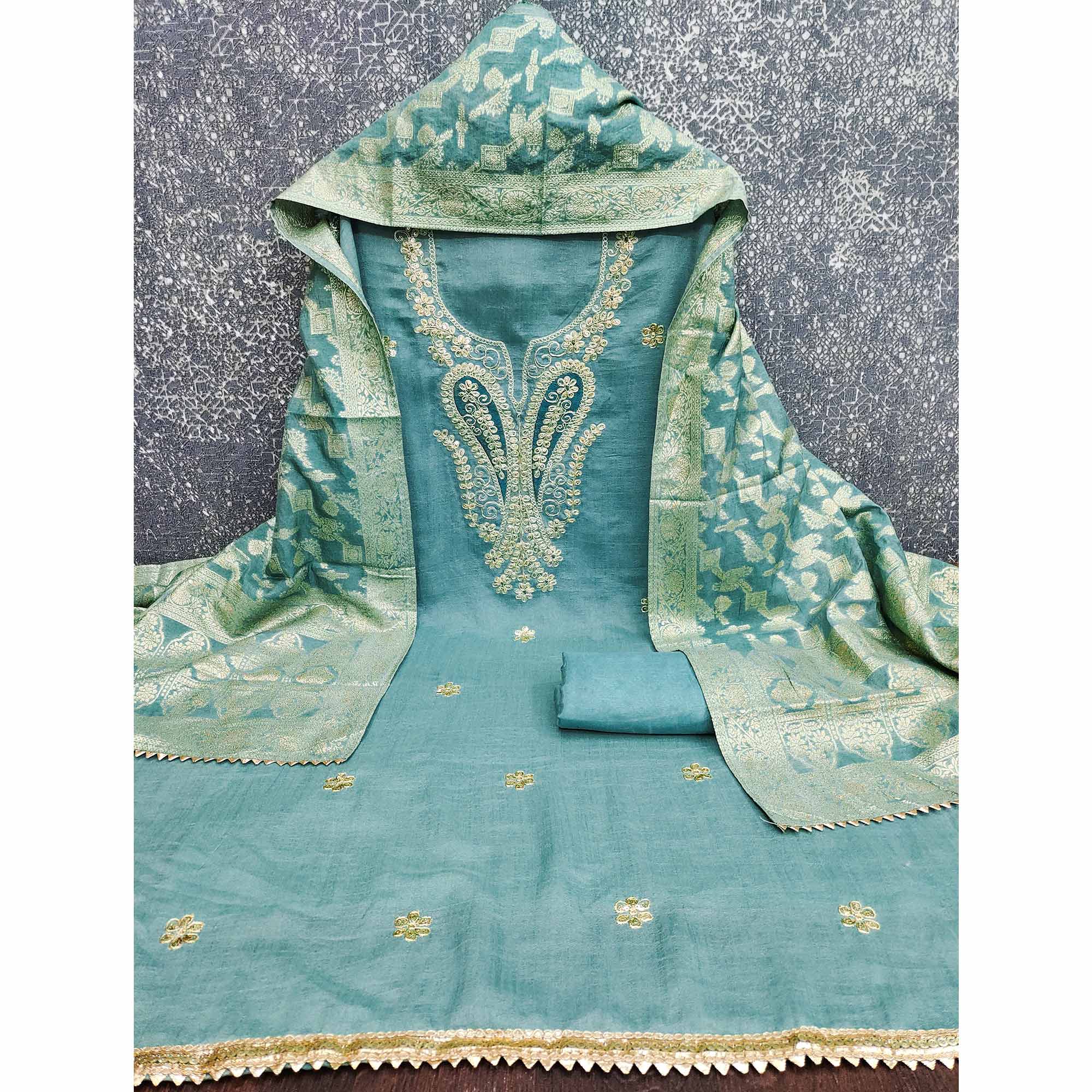 Turquoise Vichitra Silk Dress Material Enhanced With Elegant Floral Sequins Cording Embroidery
