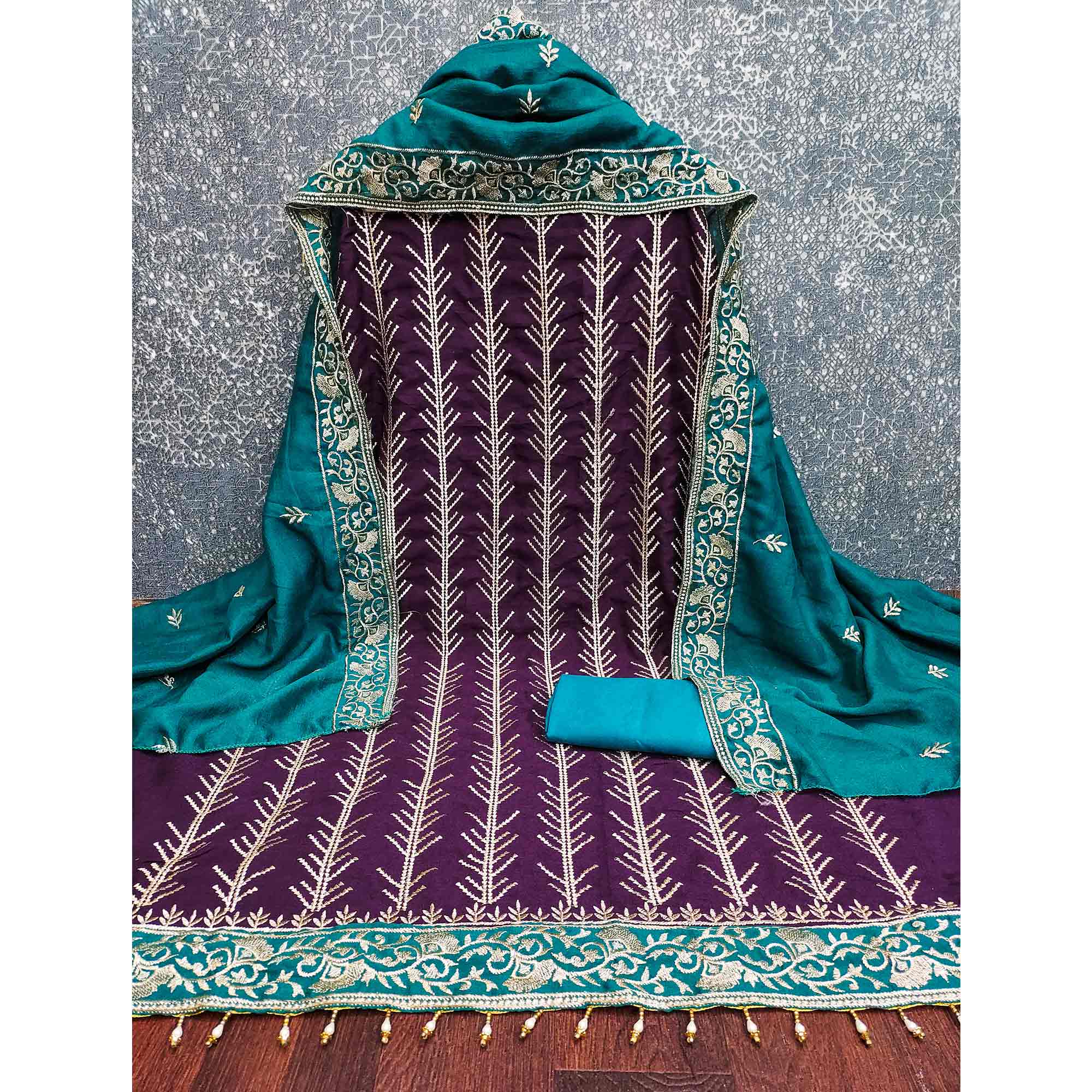 Purple Vichitra Silk Dress Material Featuring Graceful Floral Embroidery Work