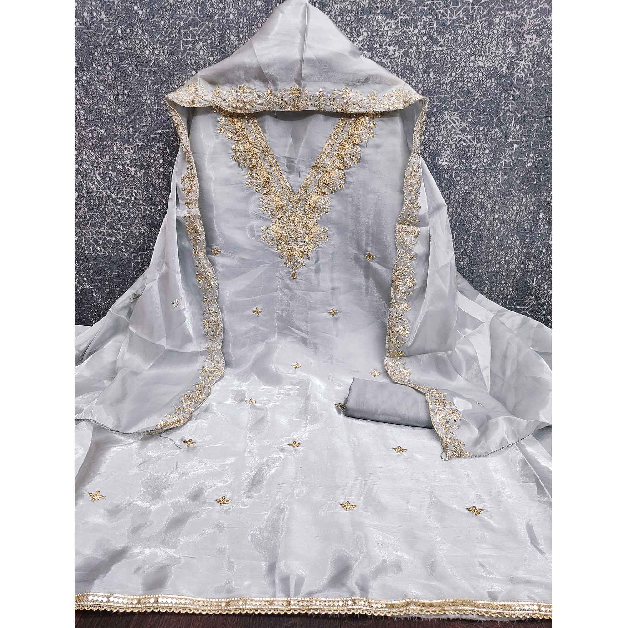 Grey Organza Dress Material With Elegant Thread Embroidery