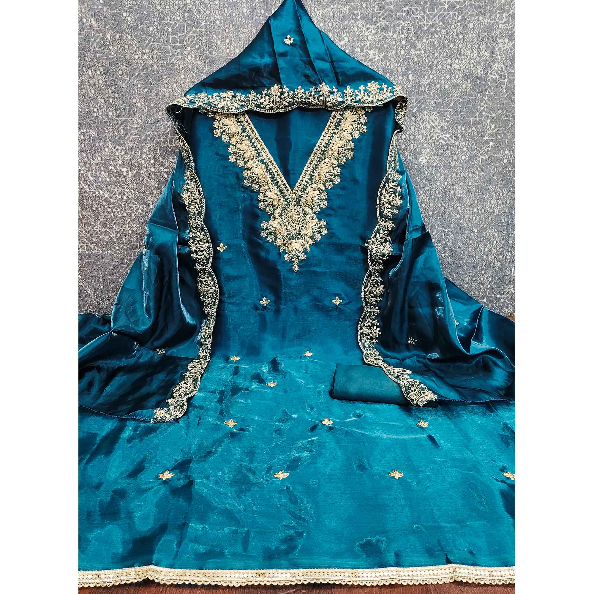 Morpich Blue Organza Dress Material With Elegant Thread Embroidery